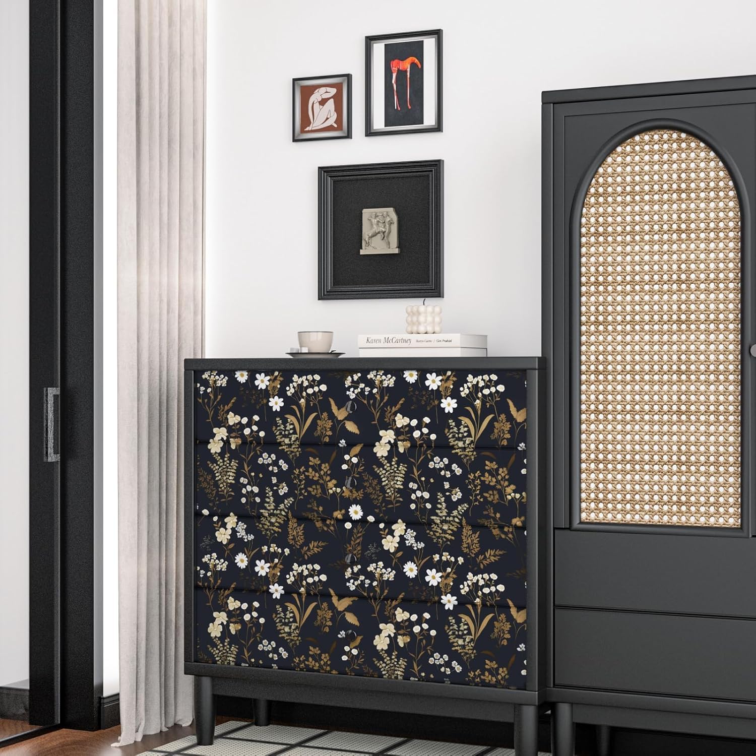 Dark Floral Wallpaper Peel and Stick 17.5in x 393in Vintage Golden Leaf Wallpaper Vinyl Waterproof Self-Adhesive Boho Botanical Wall Paper Mural for Bookcase Bedroom Cabinet Decor