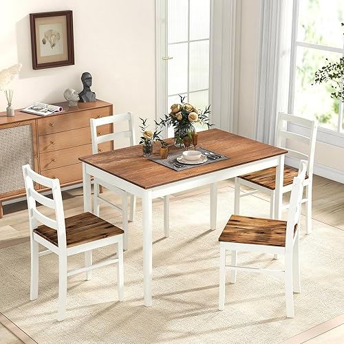 Miniatura 2 de Tangkula - Juego de mesa de comedor para 4, madera maciza, juego de comedor de estilo granja con patas de madera de goma, diseño moderno de mediados