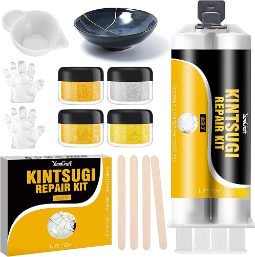 Kintsugi Repair Kit Gold & Silver, 50ml Kintsugi Glue for Broken Ceramics, Bowls, Cups, Porcelain, Glass, Food Safe Pottery Repair Kit for Repair Meaningful Gifts, Jade, Sculpture, Vase, Mug