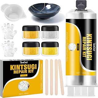 Kintsugi Repair Kit Gold & Silver, 50ml Kintsugi Glue for Broken Ceramics, Bowls, Cups, Porcelain, Glass, Food Safe Pottery Repair Kit for Repair Meaningful Gifts, Jade, Sculpture, Vase, Mug