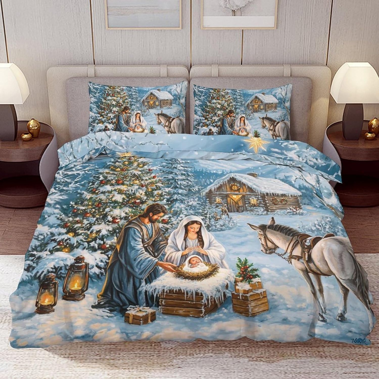 Delerain Comforter Set Queen Size, Nativity Christmas Tree