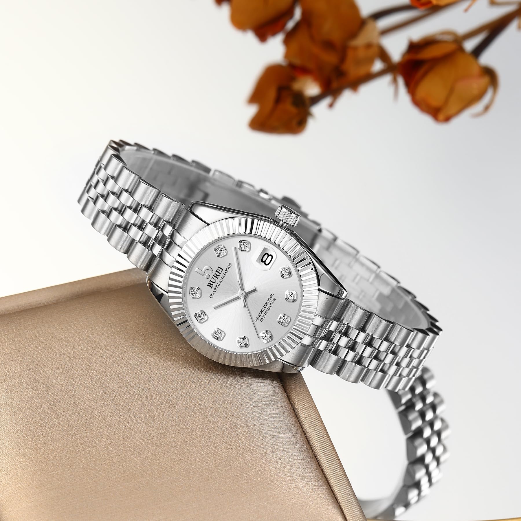 BUREI 36MM Moda Donna Orologio Argento Acciaio Inox Orologio da Polso Analogico al Quarzo con Calendario