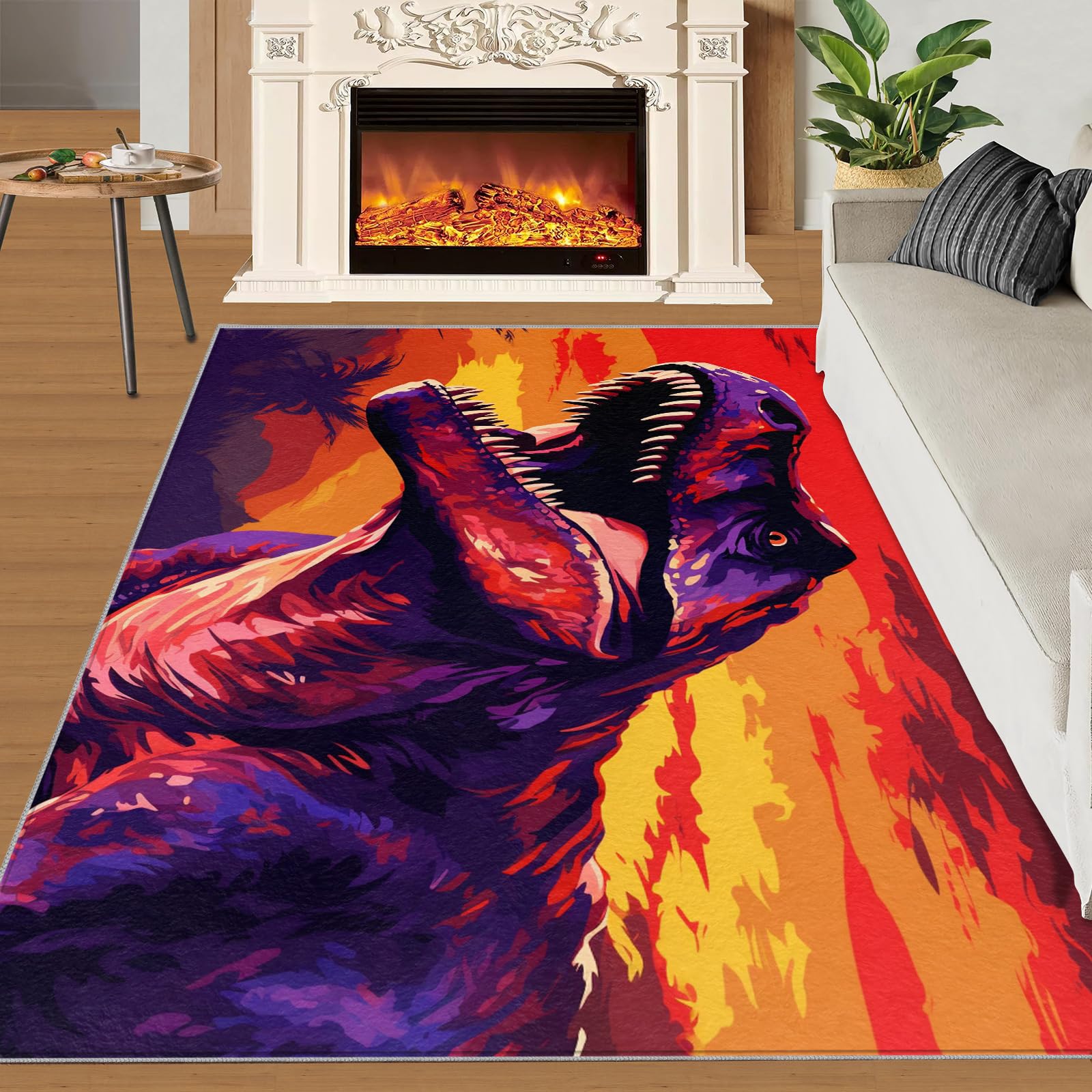 3D Dinosaur Rugs for Bedroom - 160 x 230, Cute Dino Area Rug, Stain Resistant Washable Non Slip, Wild Safari Jungle Animals Theme, Wildlife Design, Soft Low Pile Rectangle Carpet