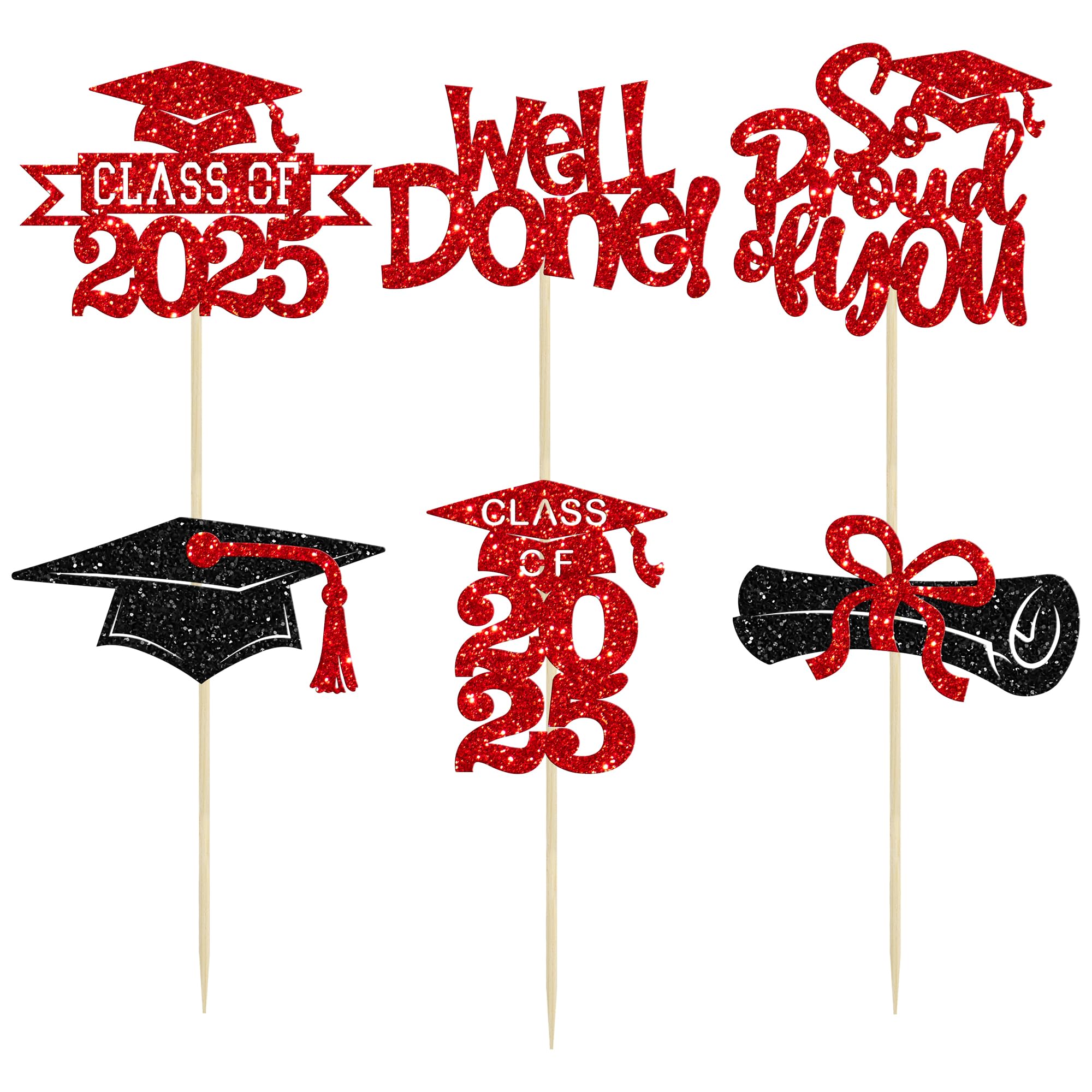 Gyufise 24Pcs Congrats Grad 2026 Cupcake Toppers Glitter 2026 Graduation Done Diploma Cupcake Picks Class of 2026 Cupcake Decorations for 2026 Graduation Theme Party Supplies Red - Image 3