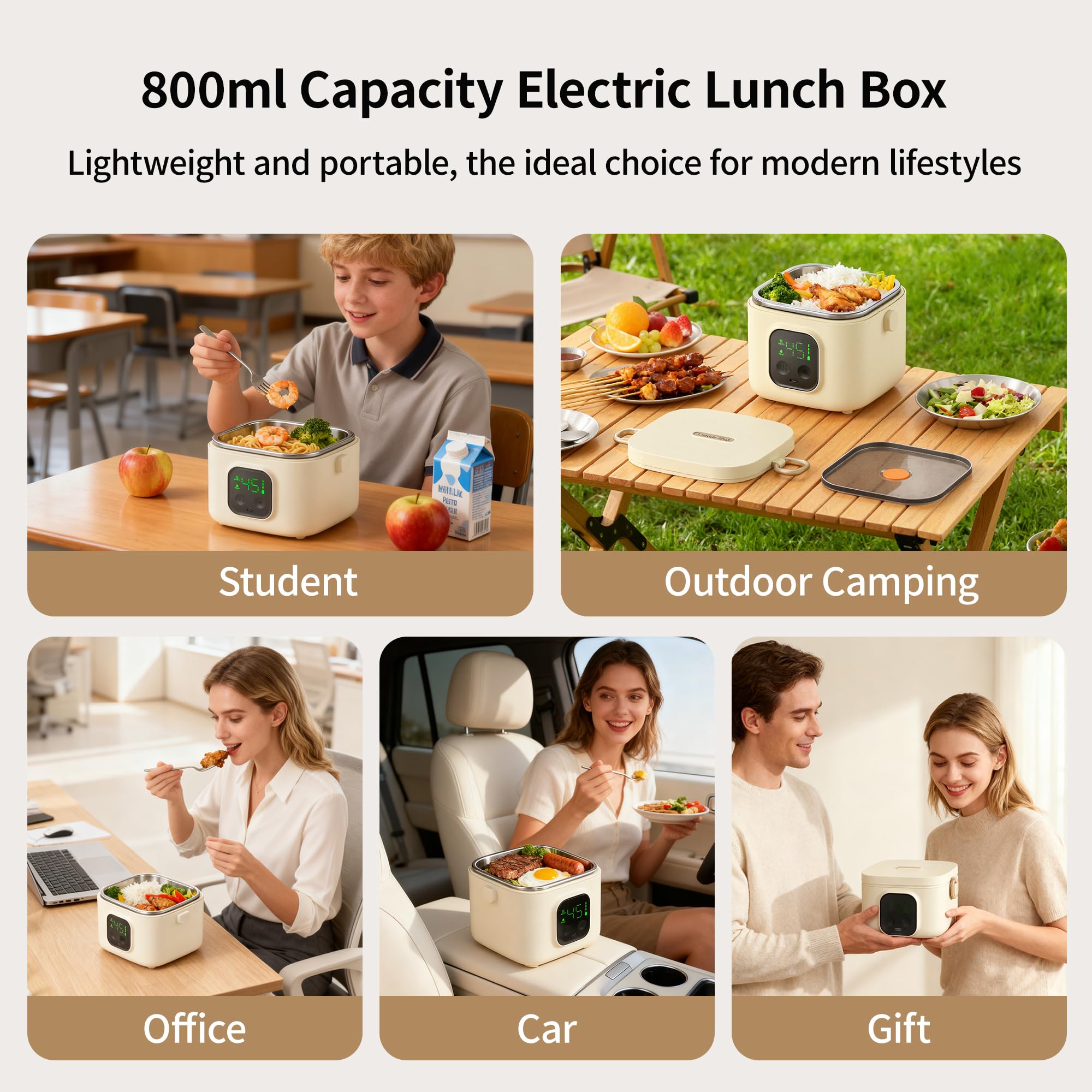Fiambrera eléctrica, batería de 14000 mAh, inalámbrica, con temporizador y 5 niveles de temperatura, 800 ml para adultos y niños, caja de almuerzo recargable para coche, escuela, oficina, viajes