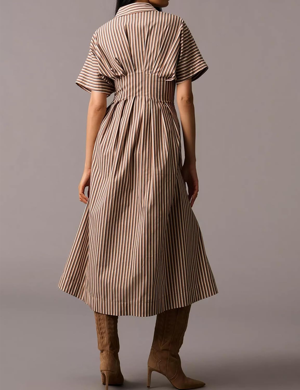 SAFRISIOR Women Button Front Pleated Mini Shirt Dress Summer Short Sleeve Striped Blouse Casual Corset Dresses - Image 3