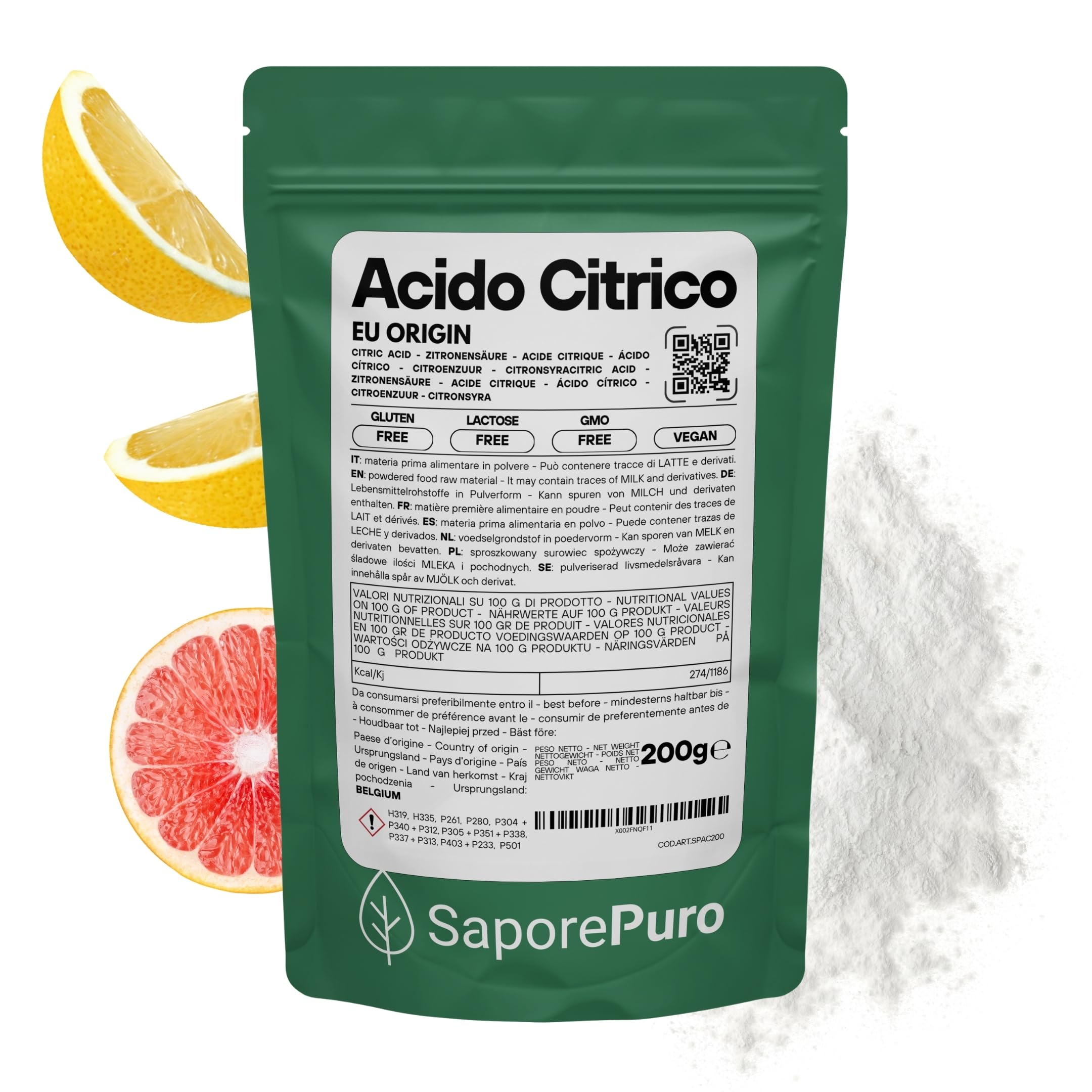 SaporePuro – Ácido Cítrico Monohidratado 200 g | Regulador de pH y Acidulante Alimentario | Sin Gluten | Puro y Soluble | Ideal para Mermeladas y Bebidas