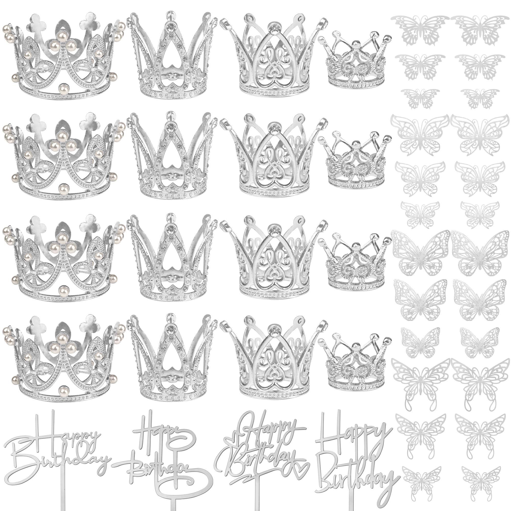 44 coronas plateadas para decoración de tartas, 16 mini coronas pequeñas con 24 decoraciones de pared de mariposa y 4 decoraciones de pastel de cumpleaños para mujeres y niñas, corona de cumpleaños,