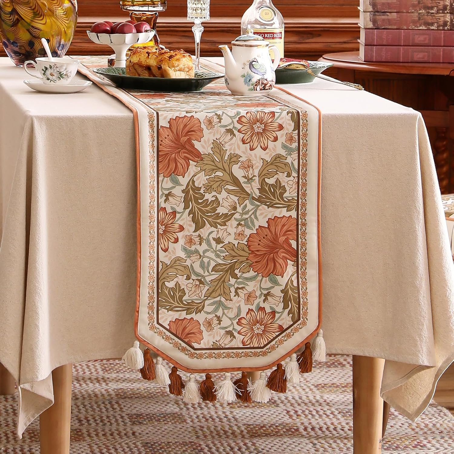 Velvet Fabric Cloth Runner for Table,Rustic Orange Floral 71 Inches Long Table Runners,Decoration Tabletop for Kitchen,Dining Room,Banquet,Thanksgiving,New Year,Holiday,12"*71"