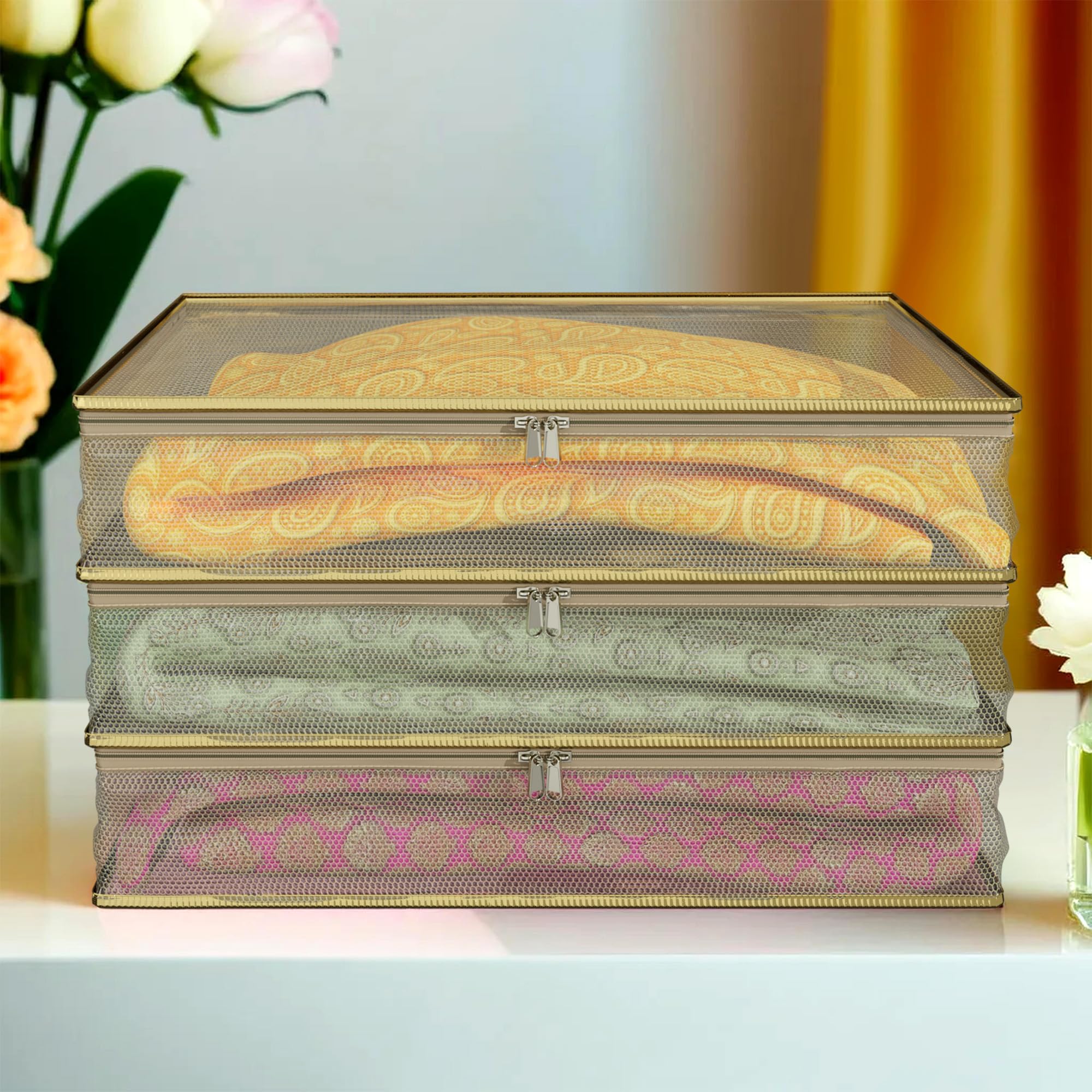 Kuber Industries Saree Cover | Mesh Transparent Clothes Storage Bag | Suit Packing Cover | Wardrobe Cloth Storage Organiser with Zip | 3 Inch | Pack of 3 | Gold