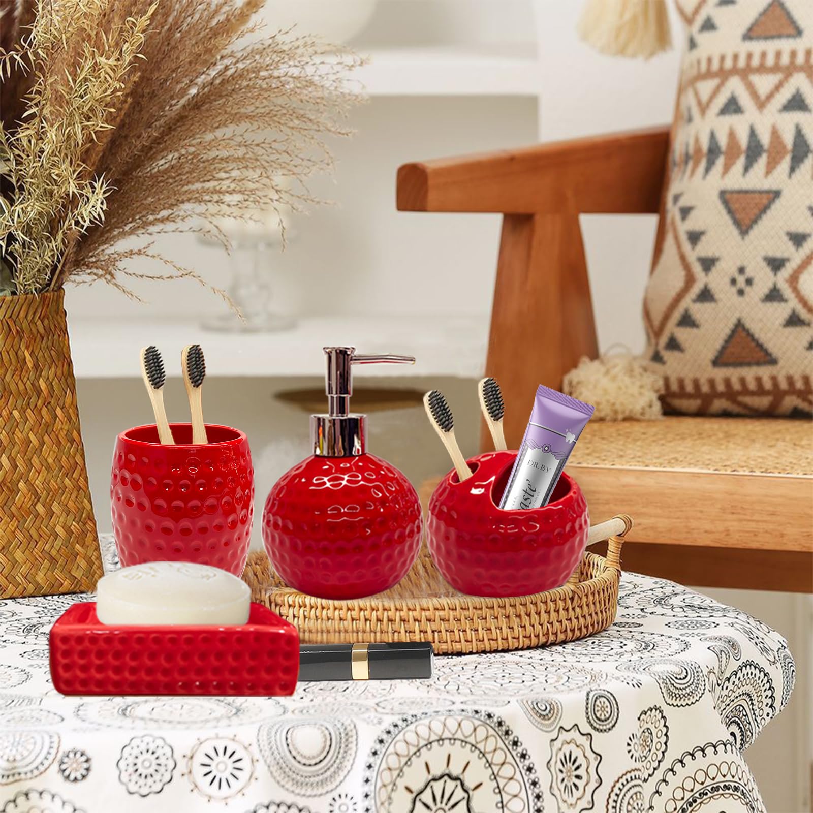 Juego de accesorios de baño de cerámica roja de 4 piezas con soporte para cepillo de dientes, dispensador de loción, jabonera, taza