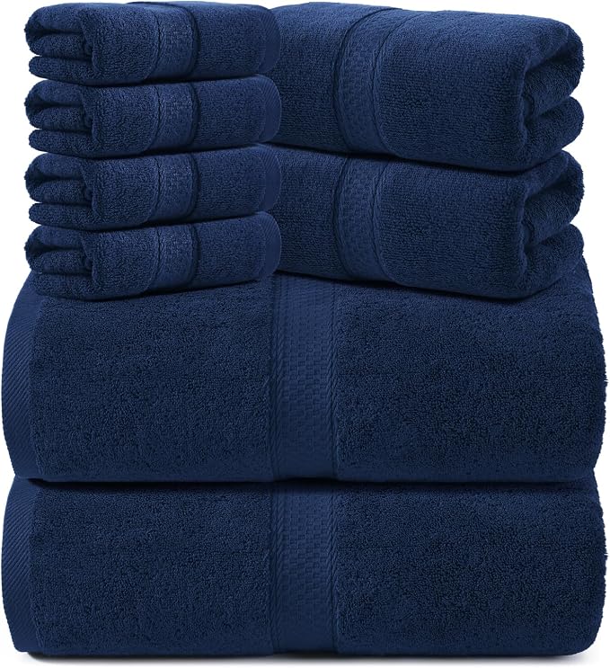 REDKISS Towels 8 Piece Luxury Bath Towel Set, 2 Bath Sheets (35x70 in), 2 Hand Towels, 4 Washcloths, 100% Cotton Super Absorbent & Quick-Dry Shower Towels for Bathroom Spa Gym Hotel Yoga - Blue