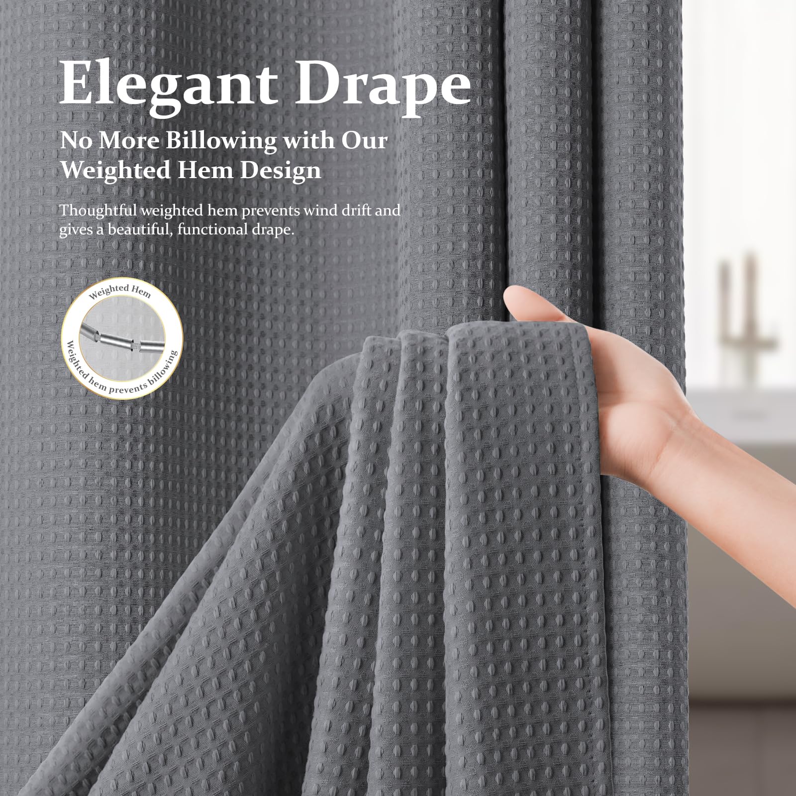Dynamene Stall - Cortina de ducha de punto gofre de 256 g/m², tela pesada, 48 x 72 pulgadas, gris/gris | Juego de cortina de ducha de poliéster de lujo para hotel, 8 ganchos, 122,9 cm de ancho, dobladillo pesado, repelente al agua