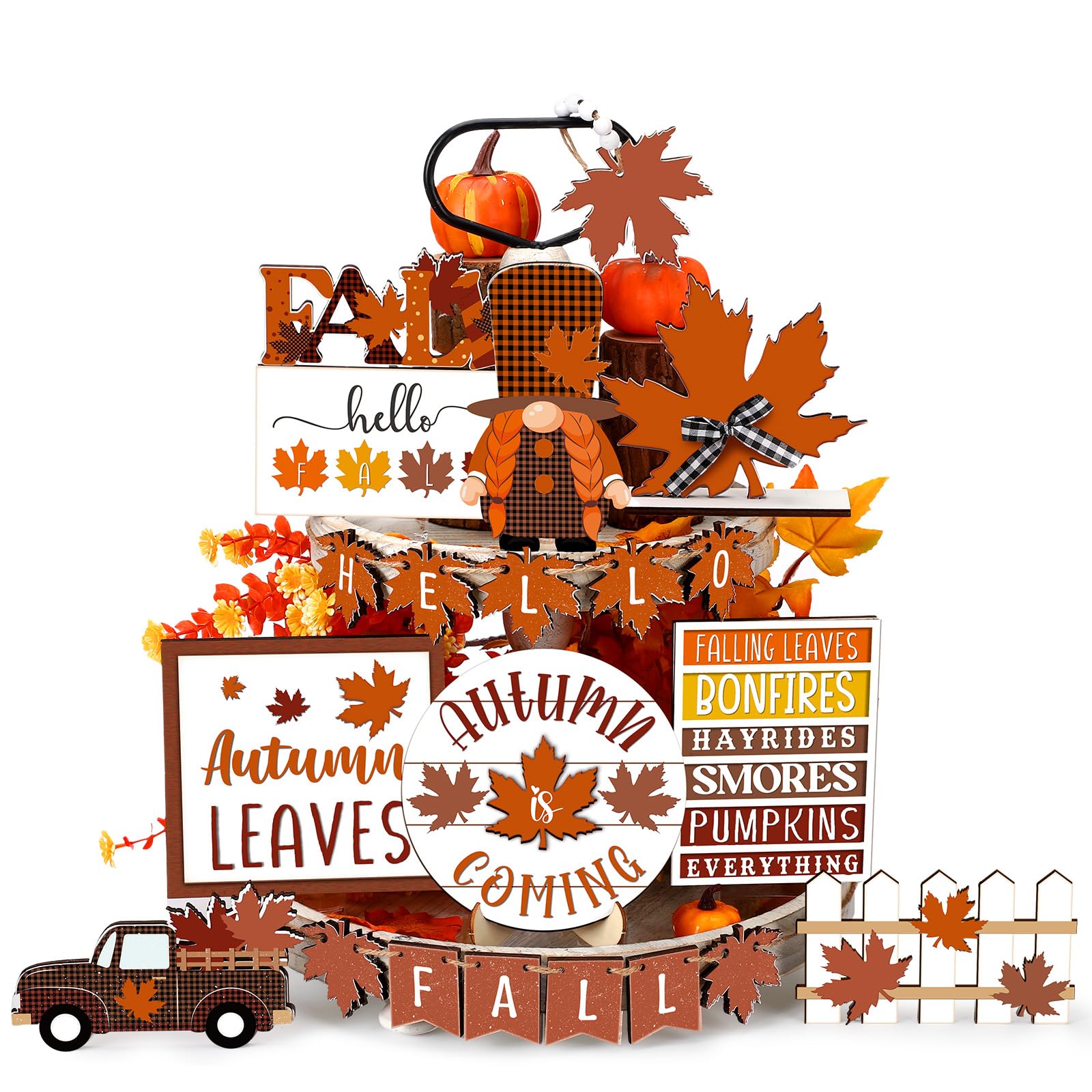 21 Pcs Fall Tiered Tray Decoration Maple Leaves Gnomes Fall Decoration Thanksgiving Decoration Farmhouse Rustic Wooden Sign with Truck Thanksgiving Fall Home Table Kitchen Decor Tray