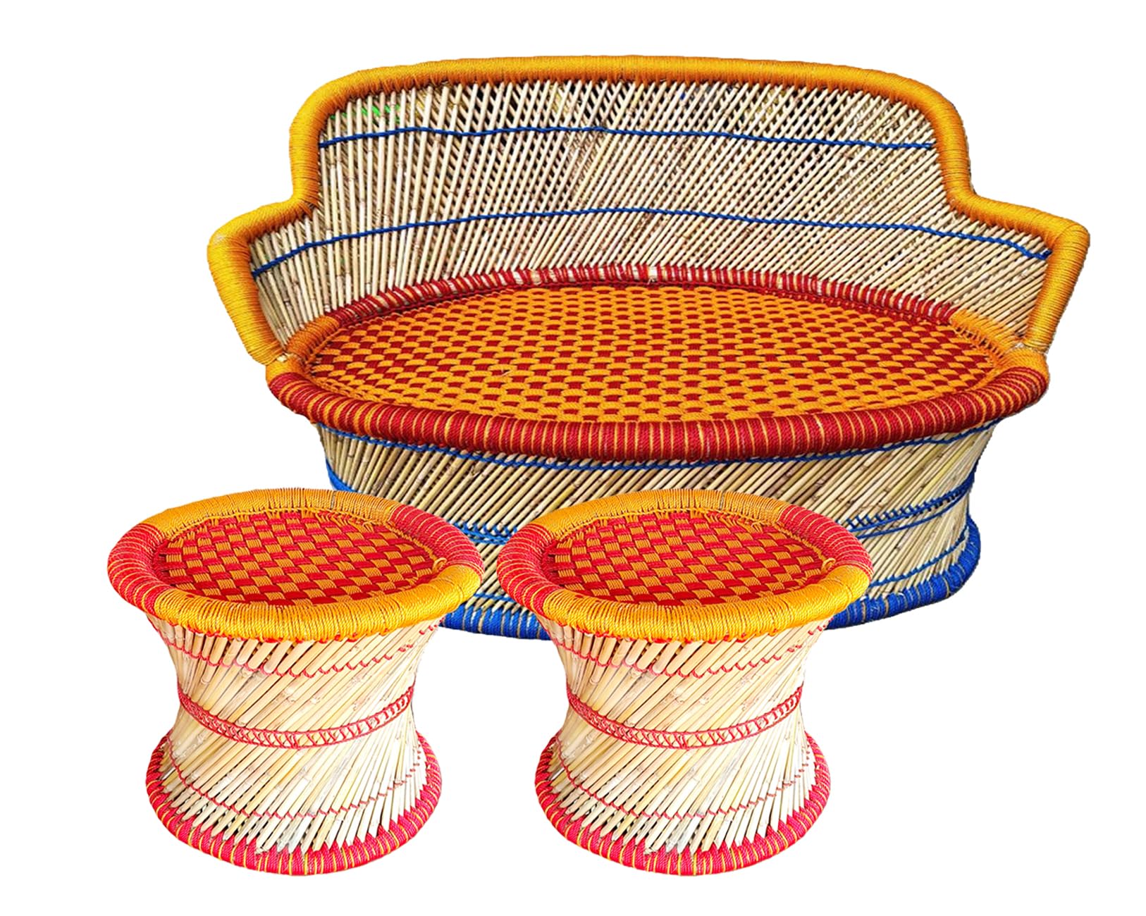 Handmade Round Bamboo Mudda Stool, Orange-Blue Traditional Rajasthani Style, 15x15 Inch Indoor-Outdoor Garden Seating with Woven Seat, Pre-Assembled (Orange-Blue-red)-image-27