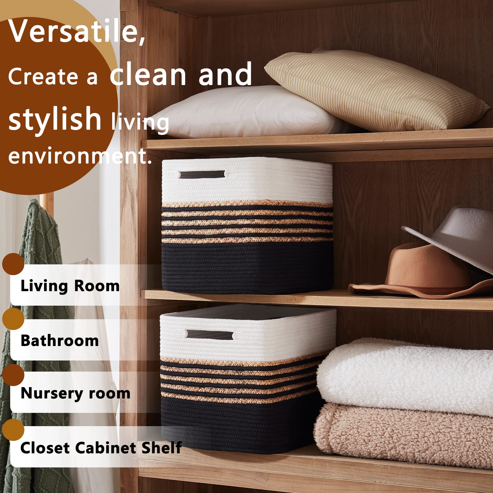 SIXDOVE Baskets 2 Pack, Large Storage Baskets for Organizing, Luandry Basket for Closet,Cotton Rope Blanket Basket for storage, Toy Storage Basket for Living Room, Laundry Room, Bedroom-Black