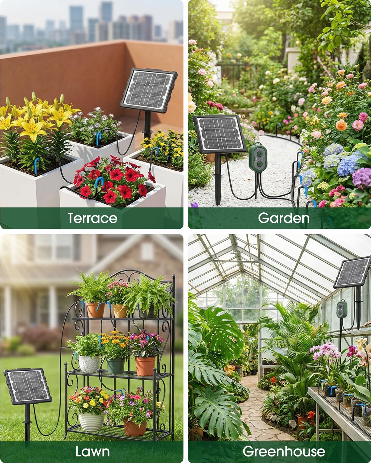 MYMULIKE Sistema di irrigazione solare con doppia carica solare e USB, sistema di irrigazione a goccia automatico da 15 m, con 12 modalità e timer, irrigazione per piante in vaso, giardino, balcone