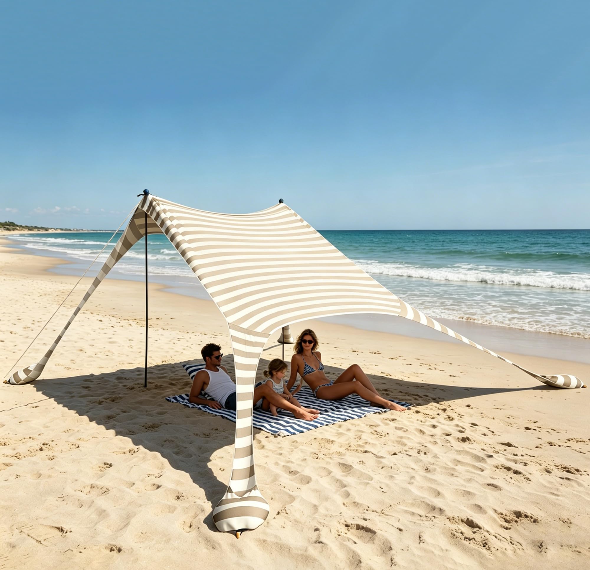 Strandzelt 2x2.1 m Pop-Up LSF 50 Sonnenschutz, Anti-Wind Strandmuschel mit Eisen Stabilitätsstangen Sandsäcke Tragbarer Sonnenschutz Strand Hinterhof Camping Reise Koffertauglich Khaki Streifen