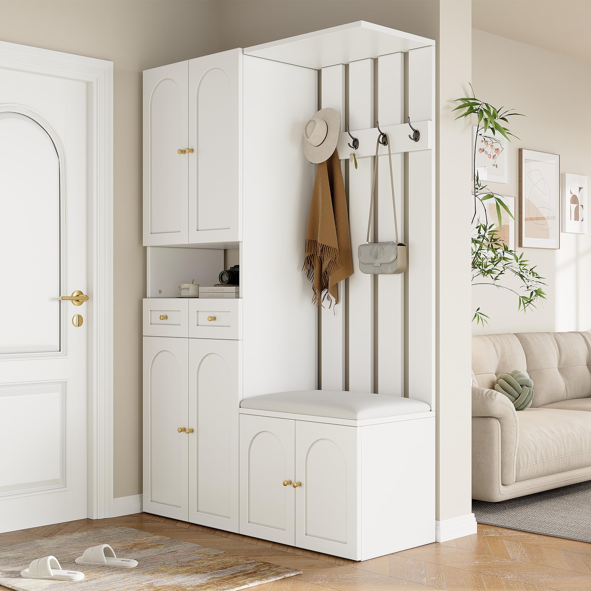 Set di appendiabiti da parete, con scarpiera e scarpiera, 4 ganci, 6 porte, 2 cassetti, bianco (B110 x 180 x 37 cm)