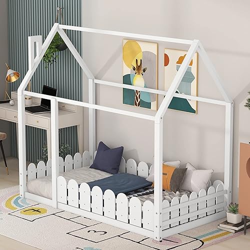 Miniatura 3 de Harper & Bright Designs Cama de suelo de tamaño individual con valla Montessori de madera con techo, necesita somier, para niños pequeños, niños,