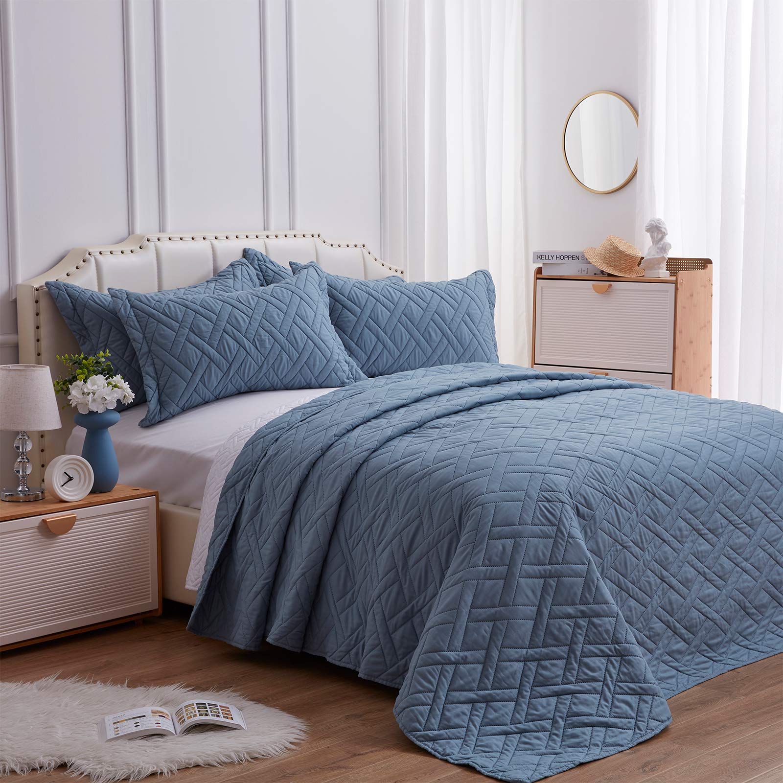 SunStyle Home Quilt Set Grayish Blue Twin Size (68"x86")- Rhomb Stitched Pattern Bedspread - Ultra Soft Luxurious Microfiber Lightweight Coverlet for All-Season, (1 Quilt, 1 Sham)