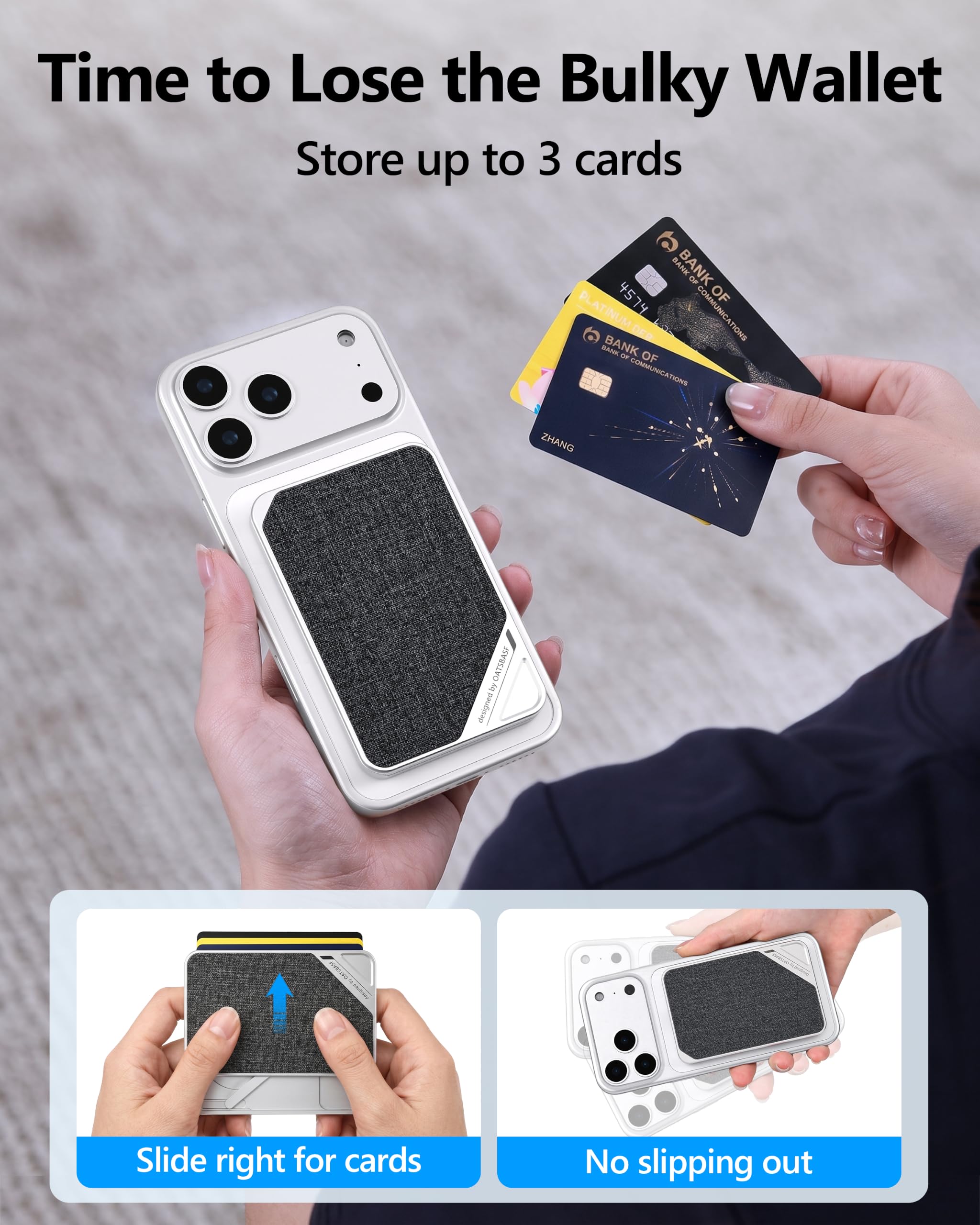 OATSBASF Magnetische Geldbörse aus Metall mit Ständer für 3 Kartenhalter für iPhone Serie, silber, Hochwertiges Metall