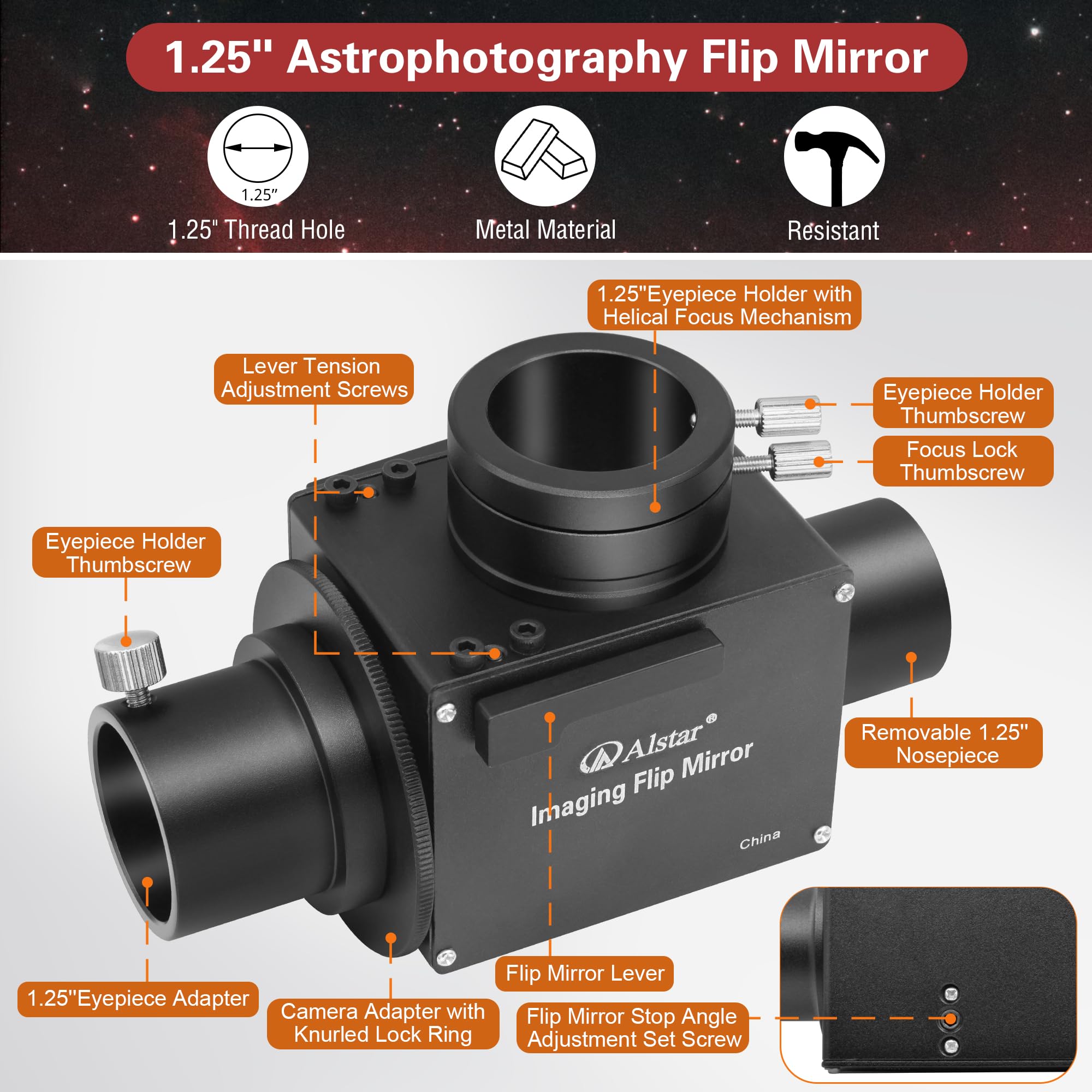Flip Mirror Alstar For Telescopes - 1.25" Astrophotography Tool For Precise CCD Camera Focusing Telescope Camera Astrophotography Telescopes