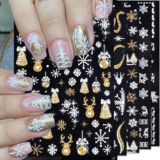 8 Sheets Large Snowflake Nail Stickers, Christmas Glitter Gold White Xmas Ball Self-Adhesive Nail Art Decals for Women Girls DIY Winter Silver French Knitted Manicure