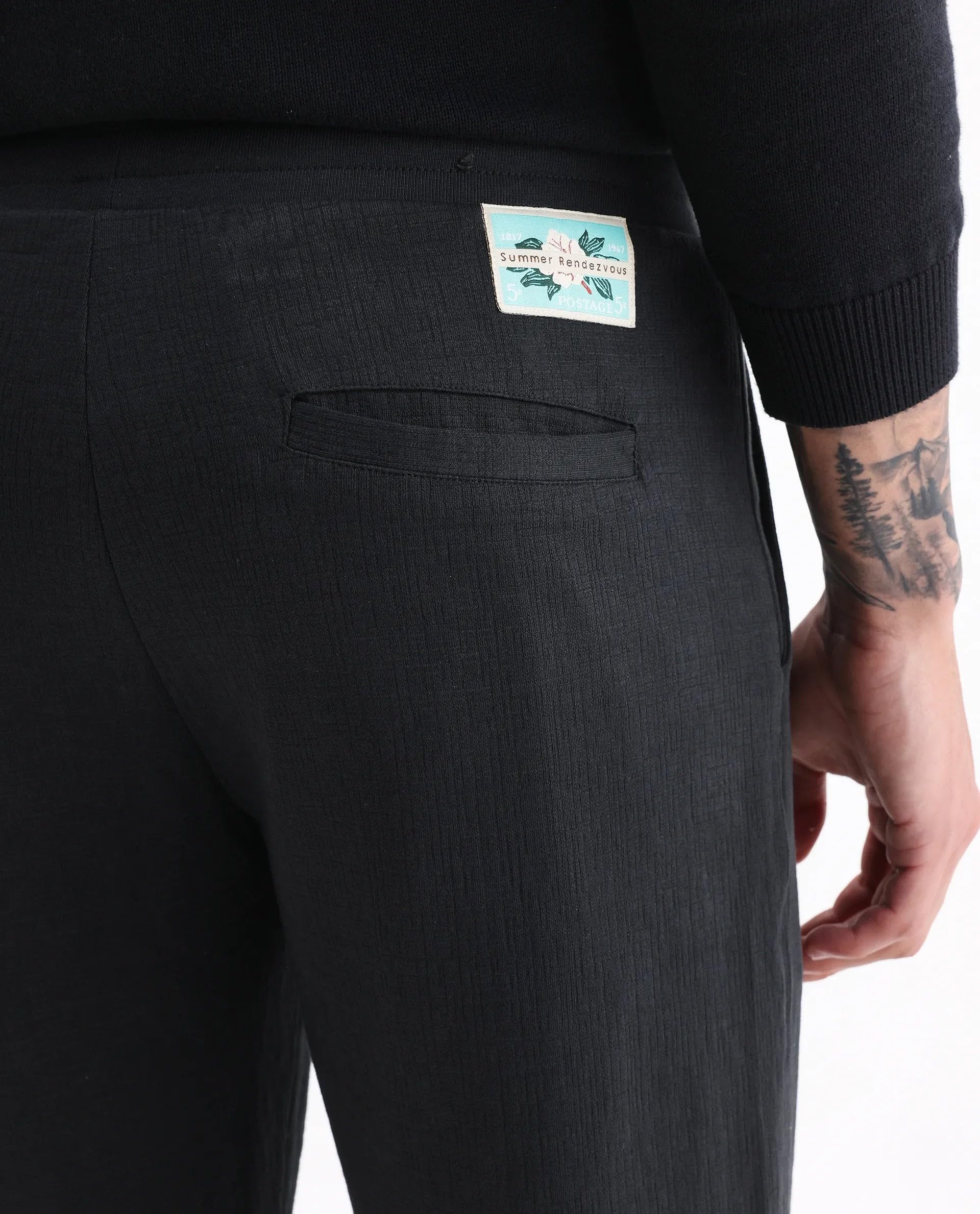 Rare Rabbit Men's Kelo Black Cotton Blend Plain Regular Fit Trouser 3