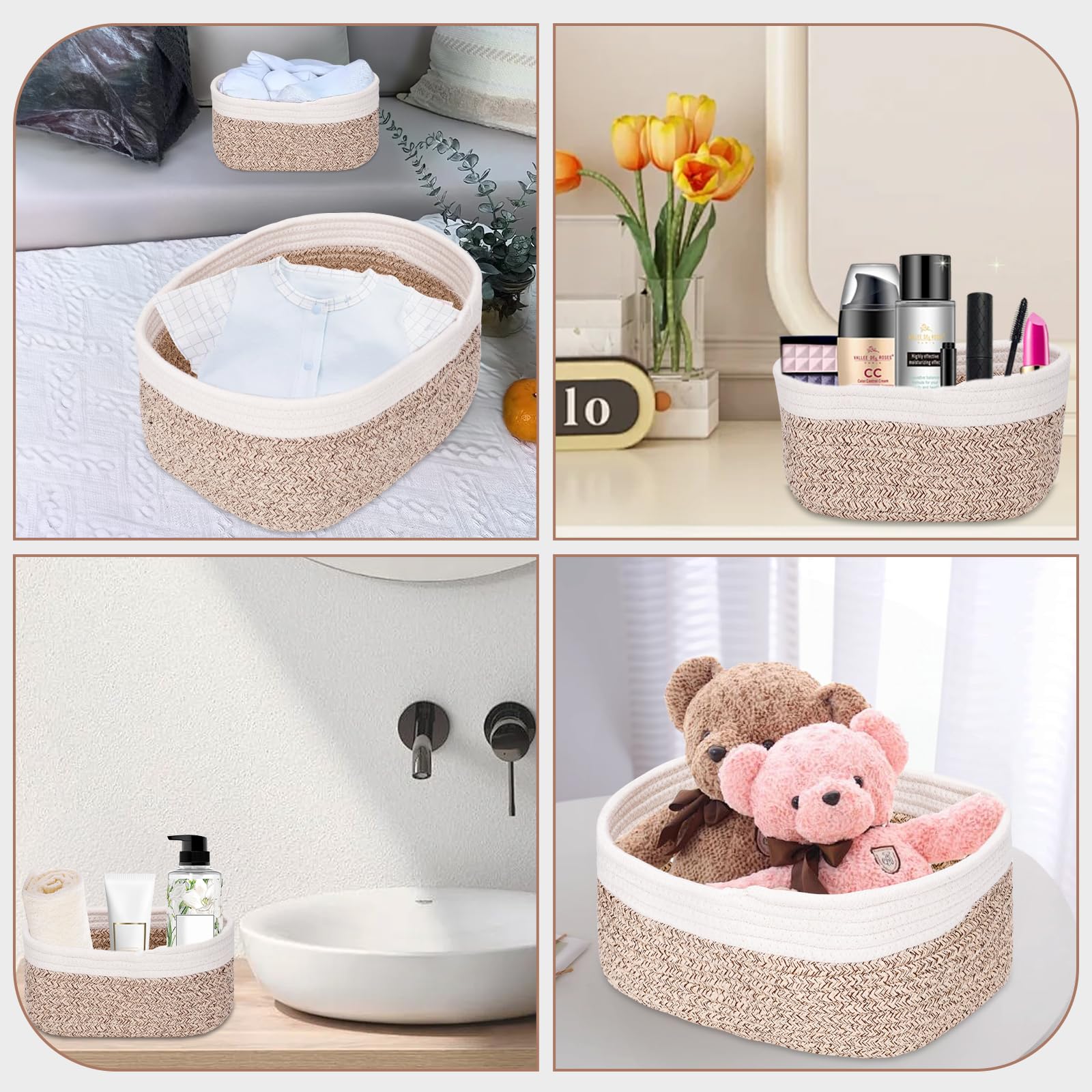 Lot de 4 paniers de rangement en corde de coton tressé – panier rangement salle de bain,Panier de Rangement empilables pour la salle de bain,la chambre d’enfant,les jouets et les cosmétiques