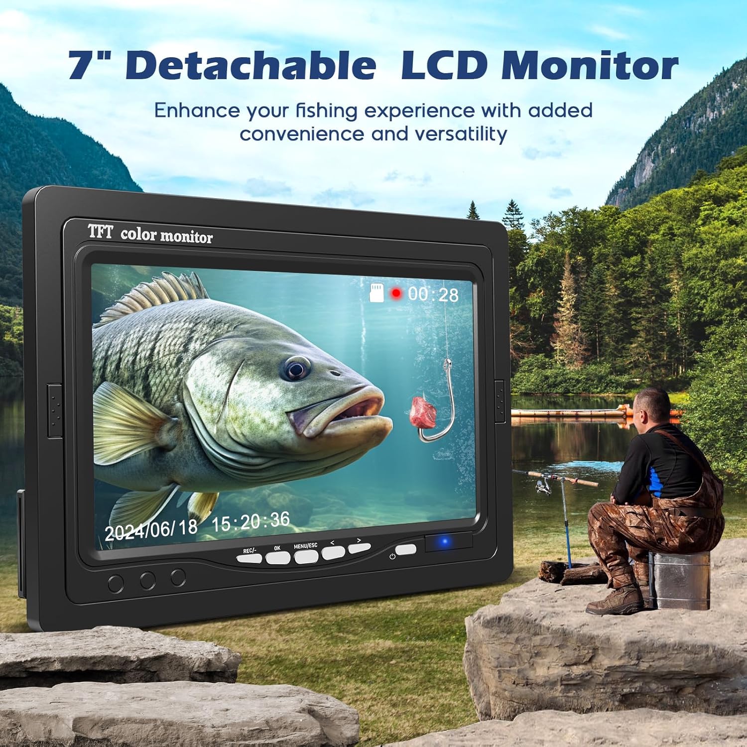 OnBeam Underwater Fishing Camera, 7 Inch HD 1080p Ice Fishing Camera 50 ft with DVR, 12 Infrared Night Vision Lights, Waterproof, Portable Under Water Fish Finder for Sea, Lake, Boat, Ice Fishing