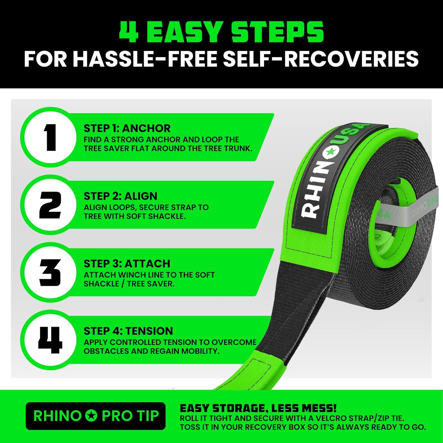 Rhino USA Tree Saver Tow Strap (4" x 10') - 40,320lb Break Strength - Emergency Recovery Strap Winch Extension for Truck, UTV, ATV & More - Heavy Duty Straps Compatible with Jeep, Ford, Toyota (Black)