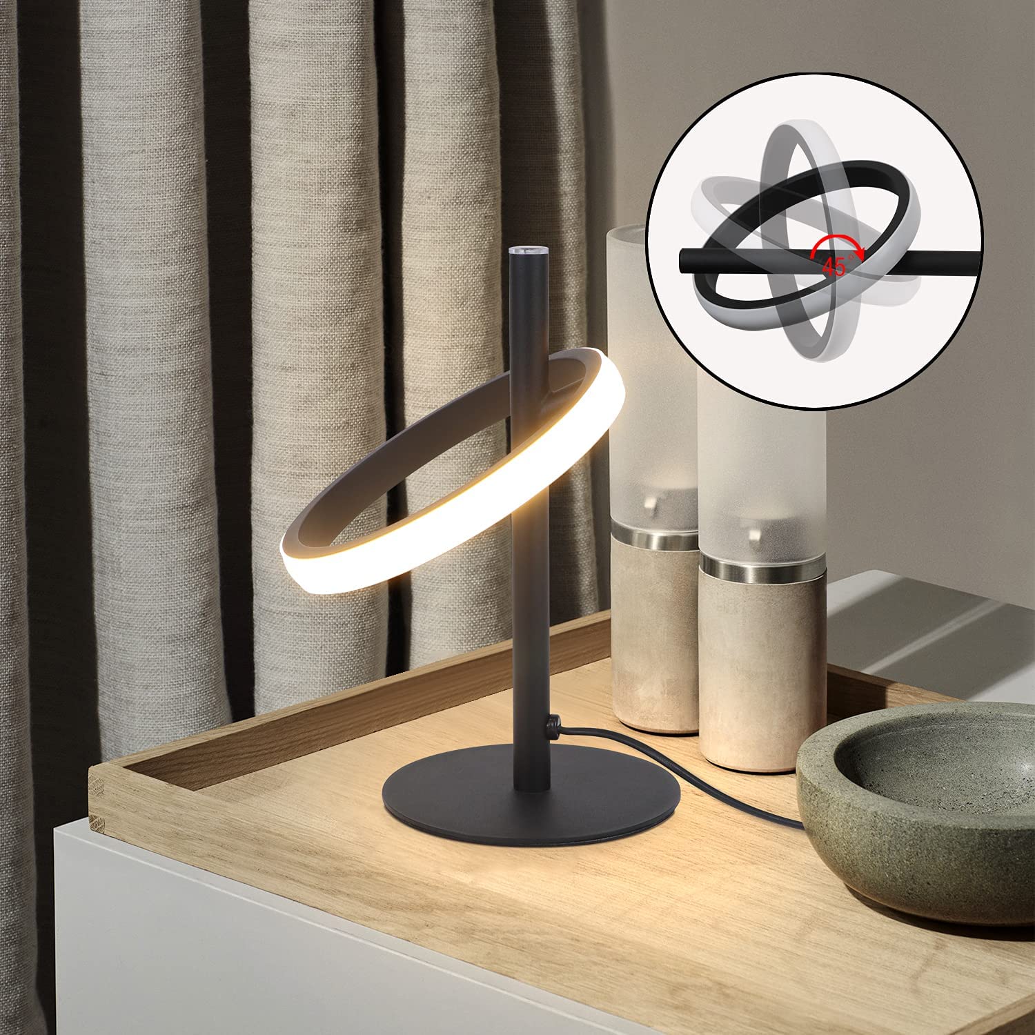 CBJKTX 2Er Tischlampe LED Tischleuchte Touch Dimmbar - Nachttischlampe | Schwarz Nachttischleuchte Drehbaren Ringe 6W 3000K Warmweiß für Schlafzimmer Bett Wohnzimmer Kinderzimmer Bar Restaurant