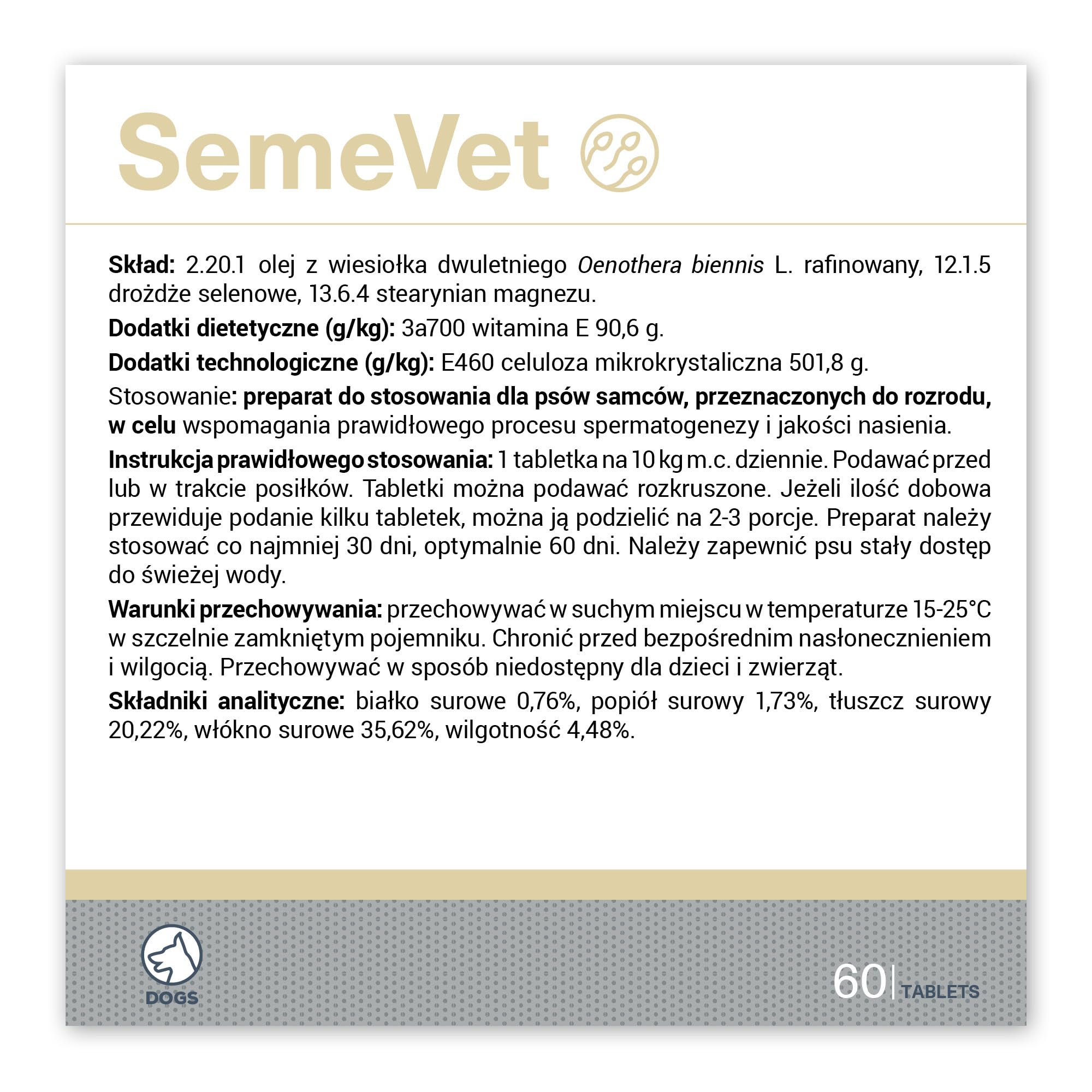 VetExpert SemeVet | 60 Compresse | Integratore dietetico per cani | Supporto alla riproduzione nei maschi | Sviluppato da veterinari | Produzione certificata GMP