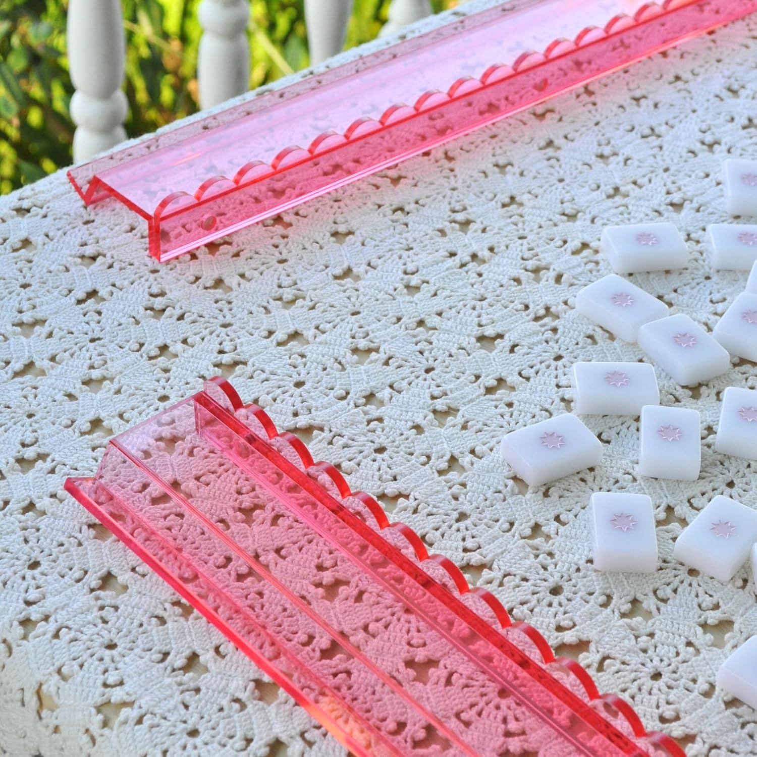 Rose Pink Translucent Acrylic Mahjong Racks and Pushers with Fully Detachable Magnetic Wall Pusher, 20 Inch Extended Length, Glossy Finish, Four Racks Included