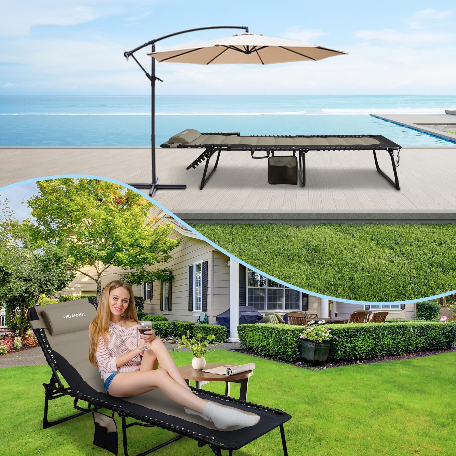 Übergroß Sonnenliege Klappbar Gartenliege 5 Verstellbarer Rückenlehne Outdoor Faltbar XXL Dreibeinliege Strandliege Campingbett bis 150KG mit Kissen Seitentasche 200x68CM Khaki