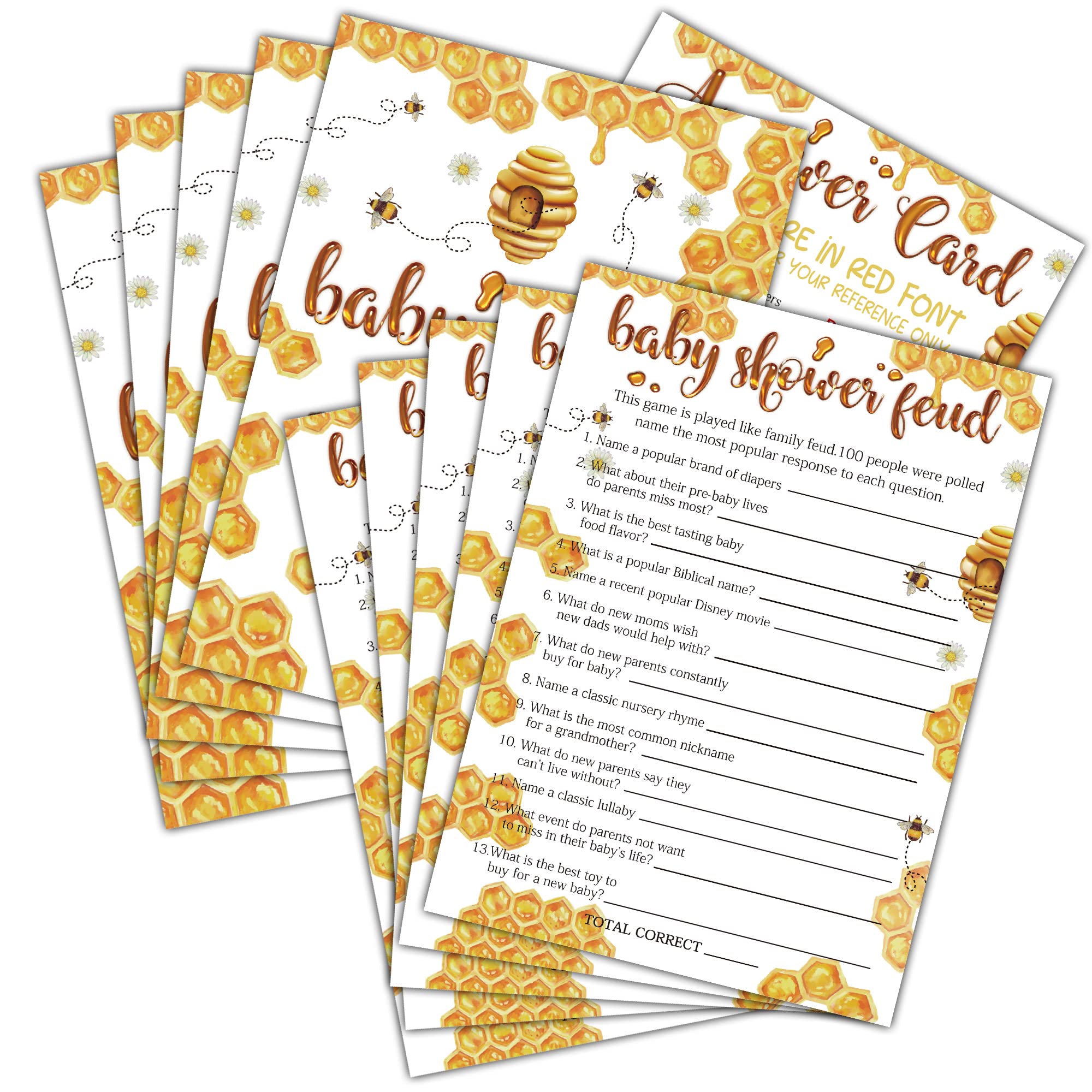 Baby Shower Game - Baby Shower Feud Game Cards for Gender Reveal Party - Bumble Bee Baby Shower Games & Activities - Honey Honeycomb Party Decor For
