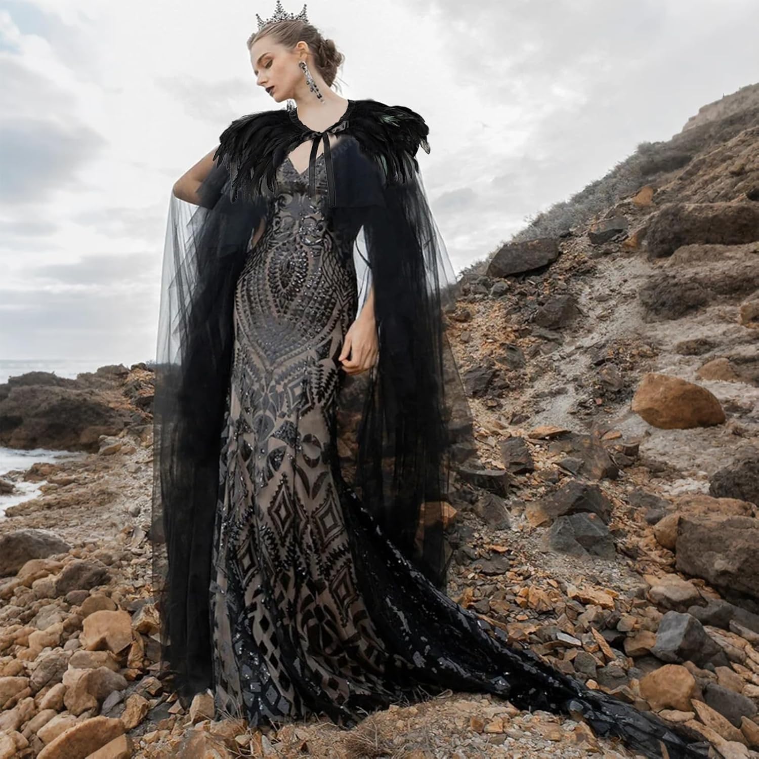 Women's Gothic Evil Queen Costume Demon Horns Black Feather Collar Cloak Set for Halloween Cosplay Party - Image 6