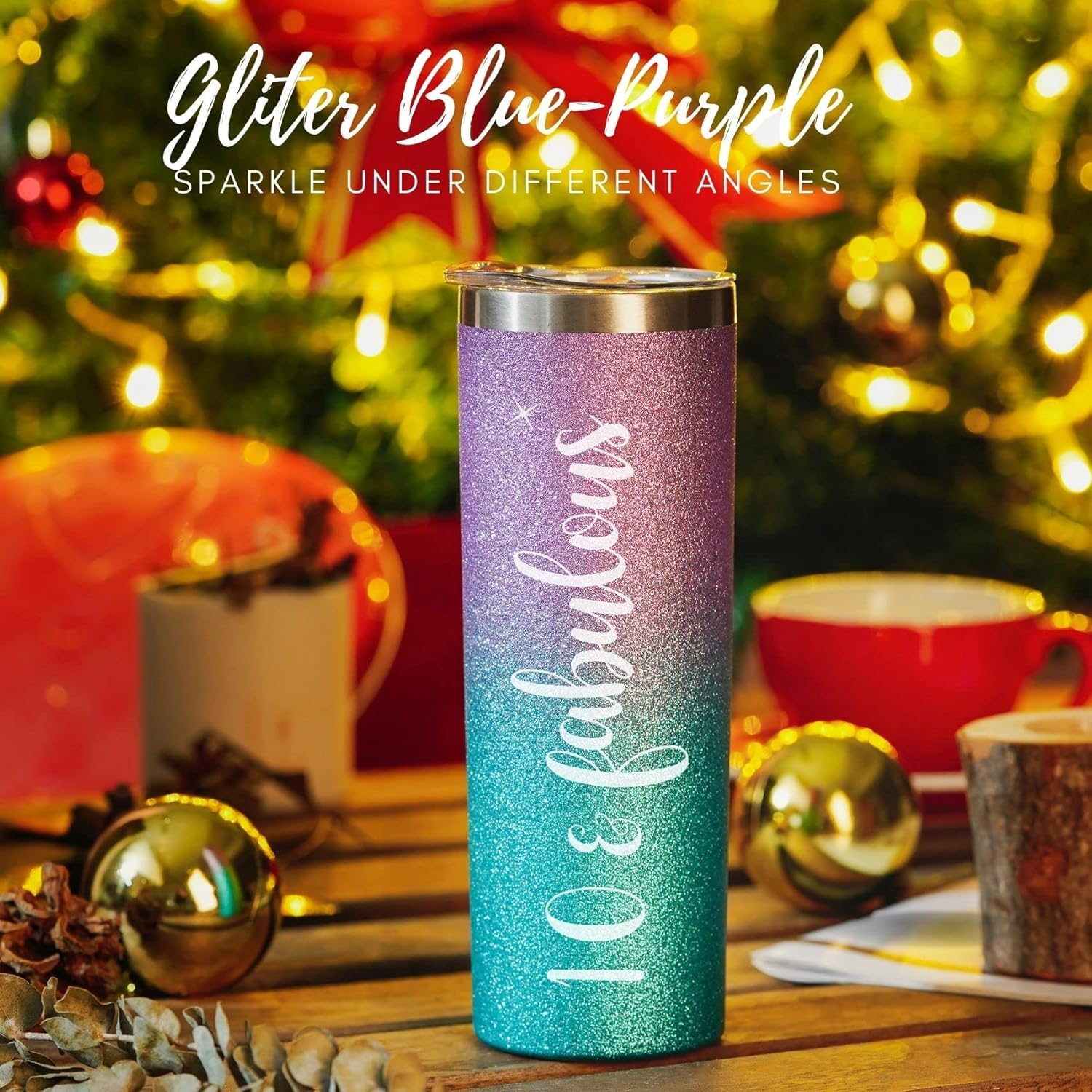 Onebttl Birthday Gifts for 10 Year Old Girls, 10 & Fabulous, 20OZ Stainless Steel Insulated Skinny Tumbler, Best Gift for 10th Birthday for Daughters, Granddaughters, Nieces, Glitter Blue & Purple - Image 4
