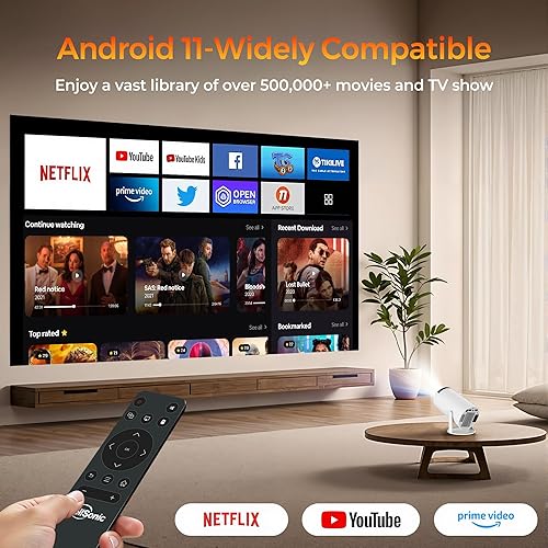 Miniatura 3 de Mini proyector con WiFi y Bluetooth, proyector de película portátil compatible con 4K, Keystone automático, rotación de 210, proyector inteligente