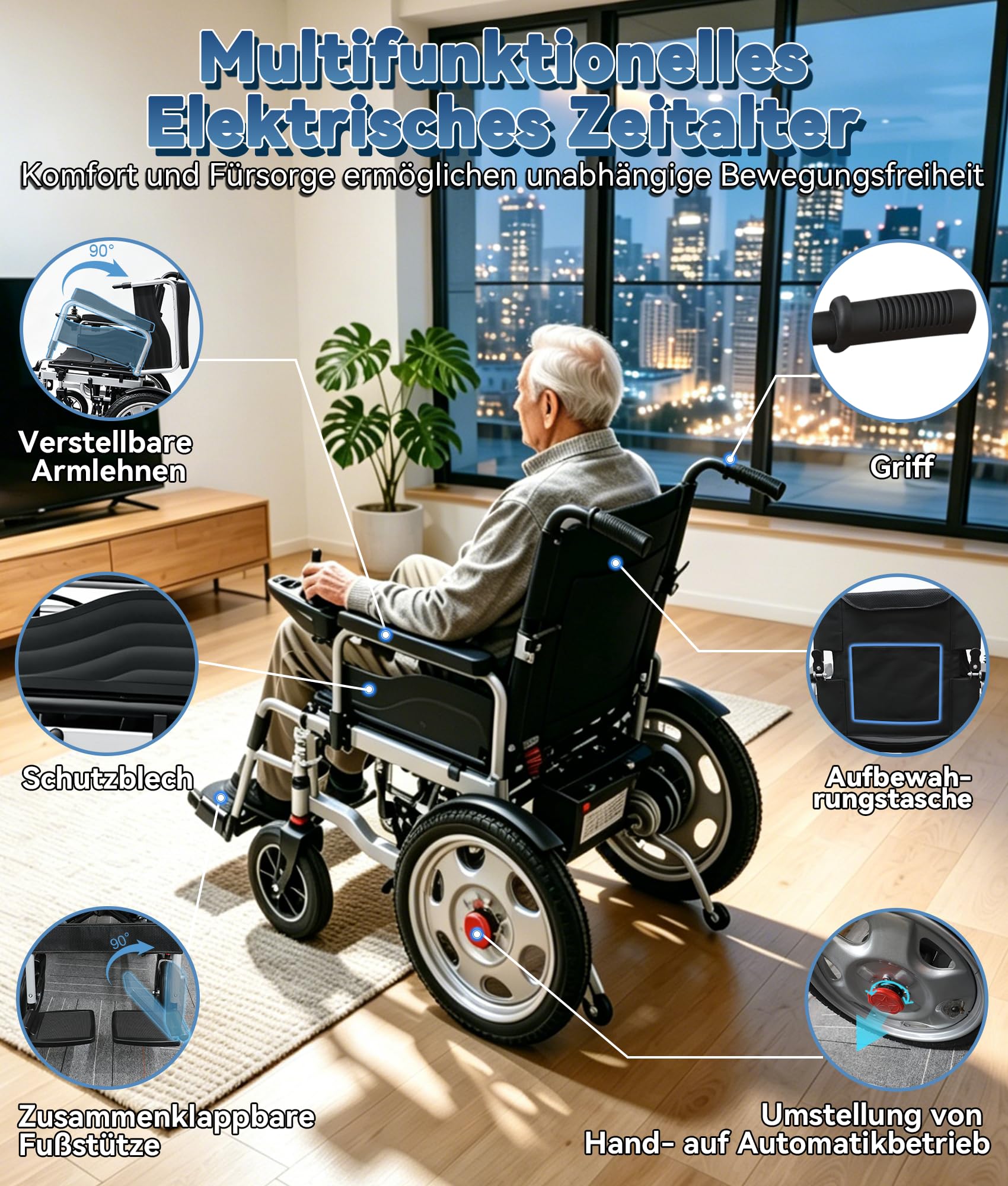 Sedia a rotelle elettrica pieghevole da 170 kg, con freno a mano, motore da 500 W e 35 km, modalità elettrica con velocità regolabile, doppia modalità di ricarica e pneumatici per anziani
