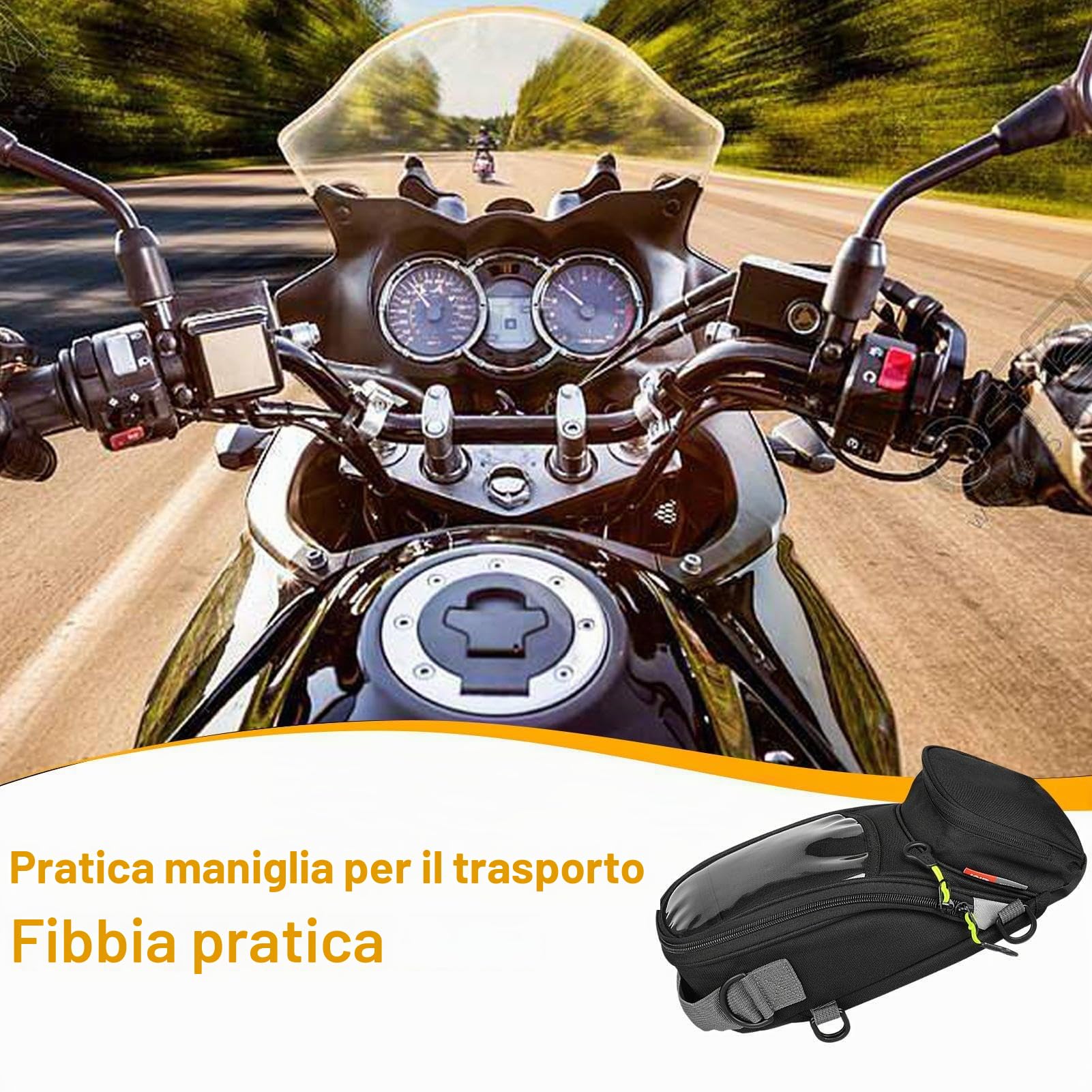 Borsa Magnetica per Serbatoio Moto, Antiscivolo, Nera, Resistente, Adatta per la Maggior Parte delle Moto, Design Touch Screen