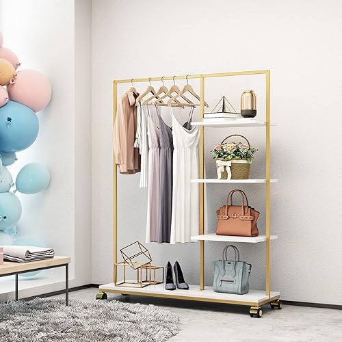 Miniatura 7 de Perchero de ropa resistente con estantes para colgar ropa, perchero independiente de metal dorado para exhibición minorista (47.24 pulgadas de largo)