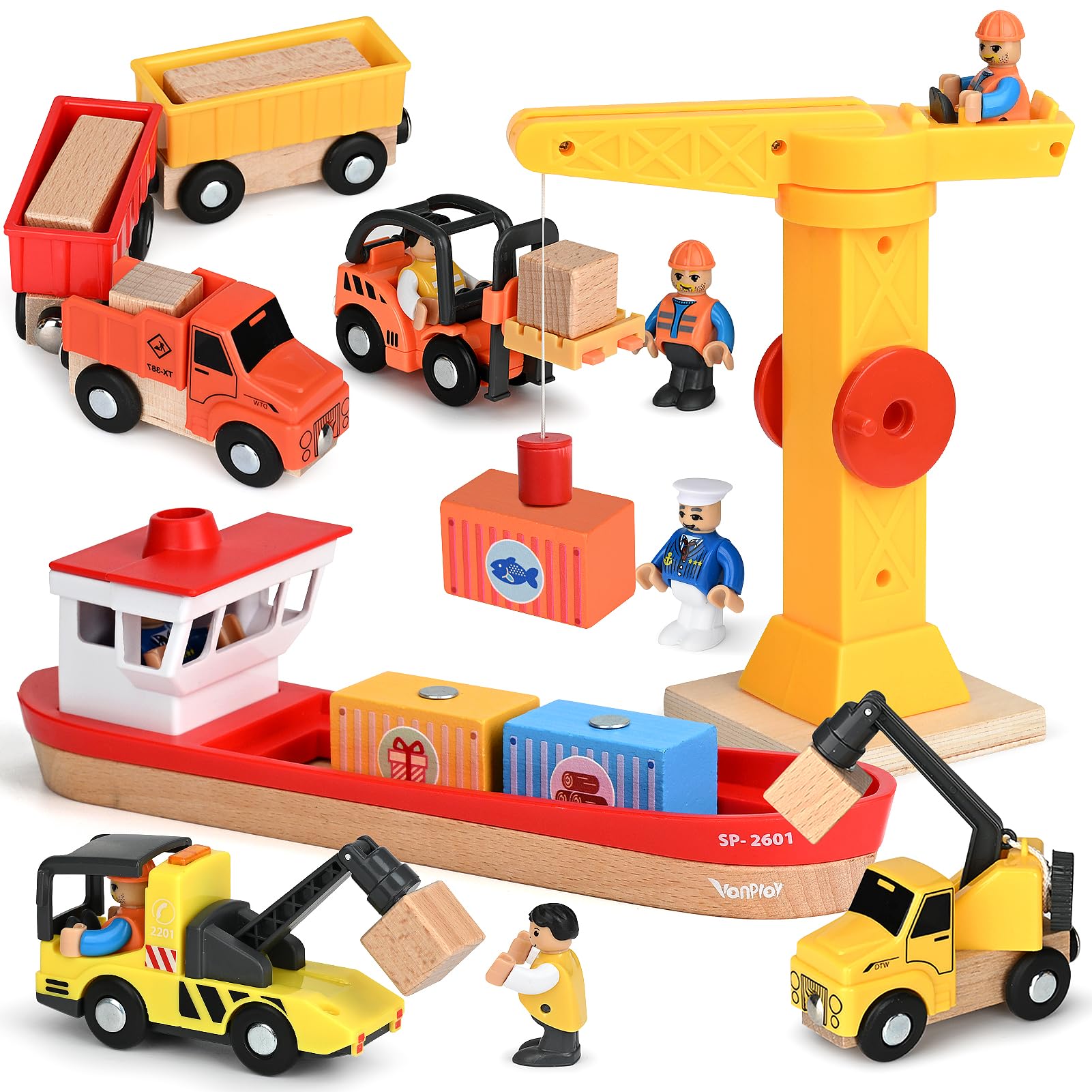 Vanplay Kran Spielzeug Baustellenfahrzeuge Kinder - Holz Baustelle Spielzeug ab 3 Jahre Junge mit Schiff, LKW Kranwagen Muldenkipper Anhänger & Gabelstapler Geschenk 3 4 5 Jahre Junge