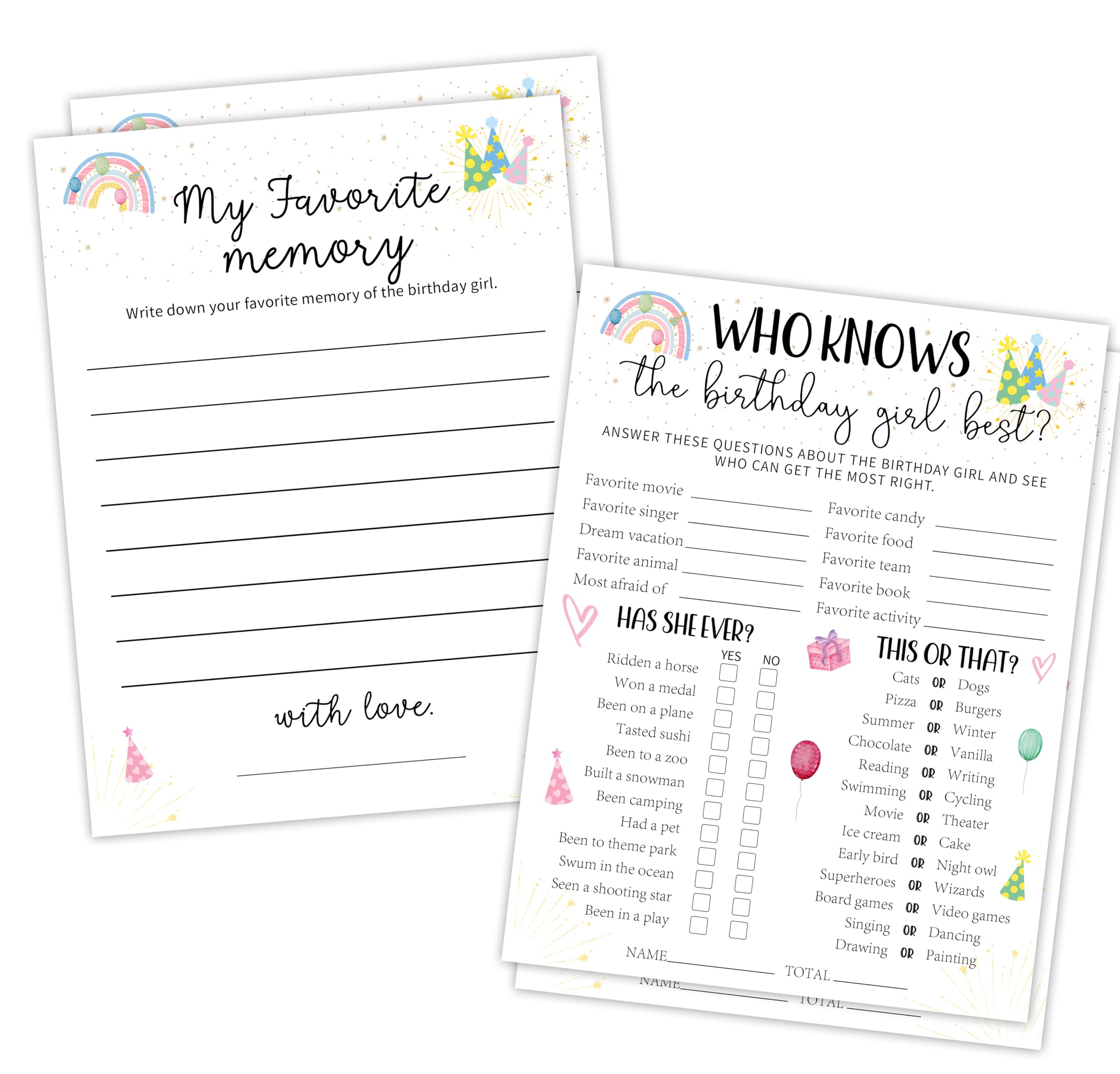 Who Knows The Birthday Girl Best & Favorite Memory - 20Pcs Birthday Double-Sided Game Cards - Rainbow Theme Birthday Game Cards for Girls - Birthday,