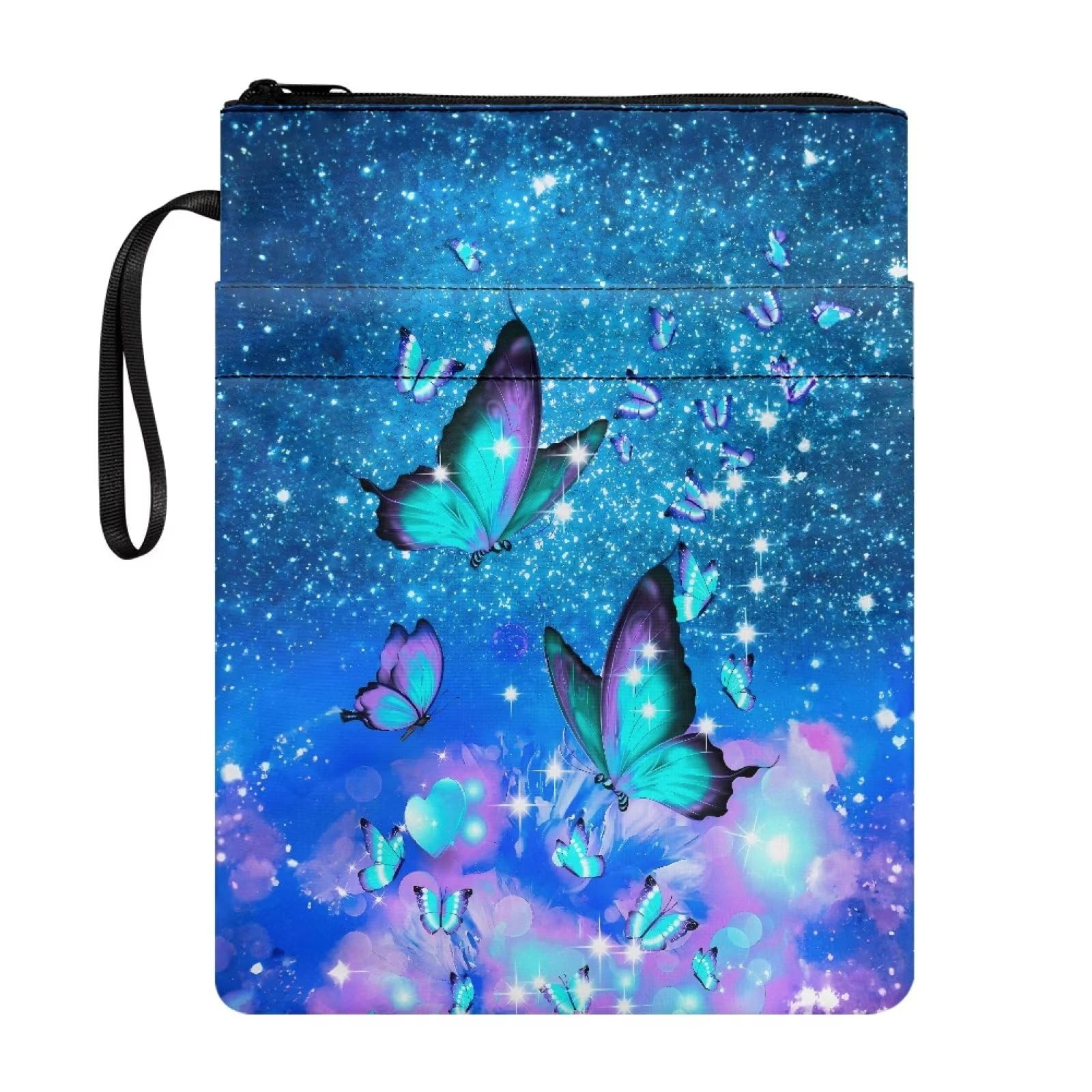 NETILGEN Blue Glitter Butterfly Book Sleeves for Paperback Zippered Book Covers Reusable Book Protective Cover Book Sox Textbook Jackets Washable Pouch — image 1