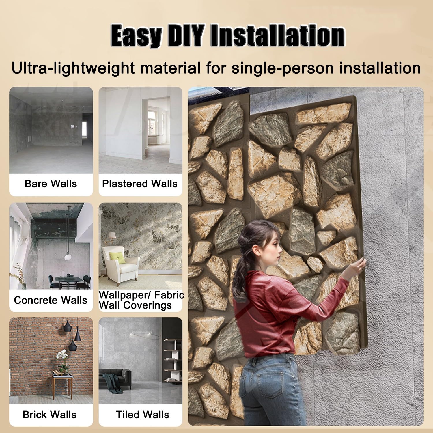 Paneles PVC Pared Panel de pared de PU imitación piedra triturada, papel pintado 3D fácil de instalar de 3 cm de grosor, revestimiento impermeable e ignífugo(L)