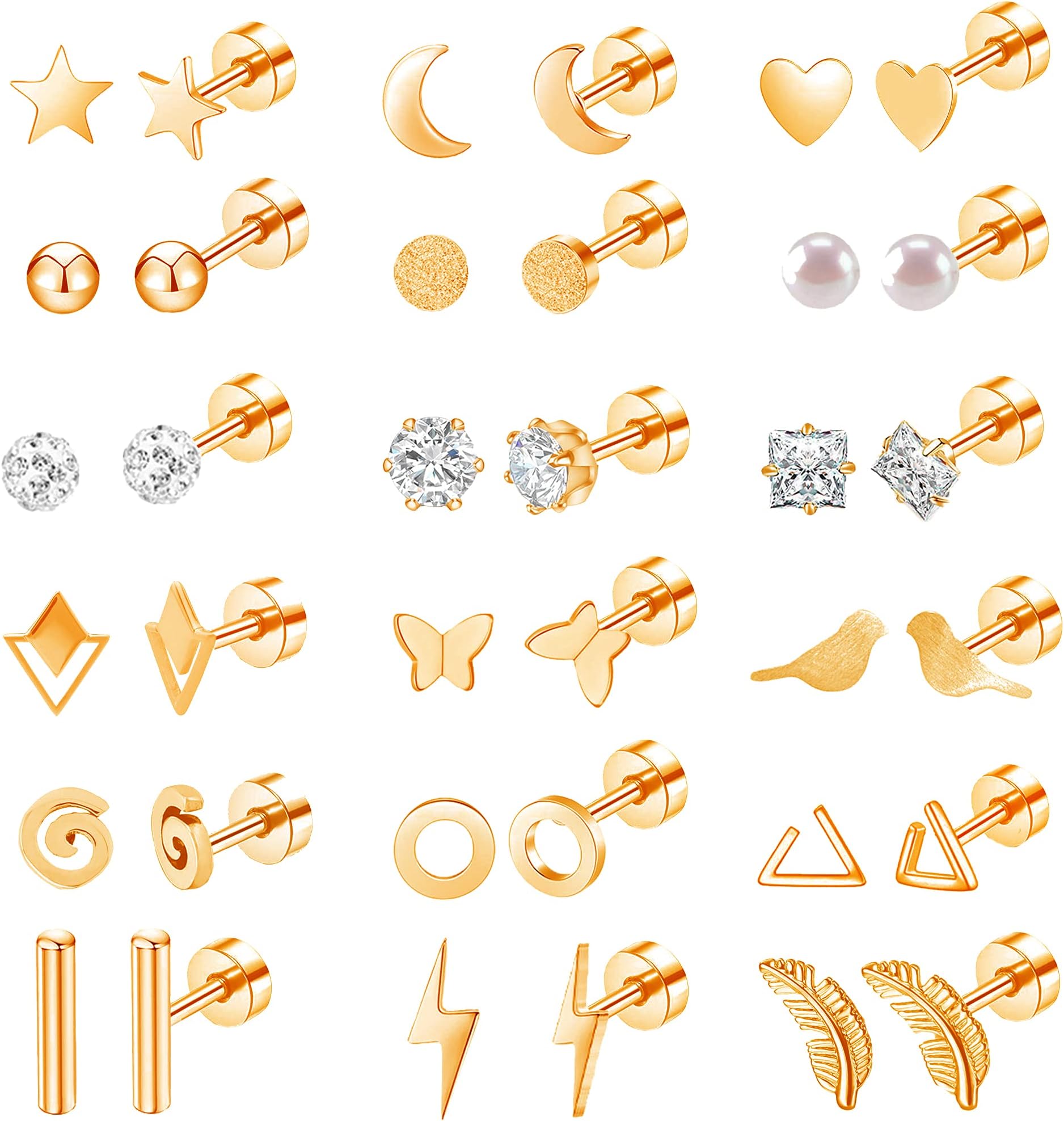 18 Pairs Women‘s Hypoallergenic Flat Back Stud Earrings, 20g Stainless Steel Earrings Sets for Men, Tiny Unisex Screw Back Cartilage Earrings.