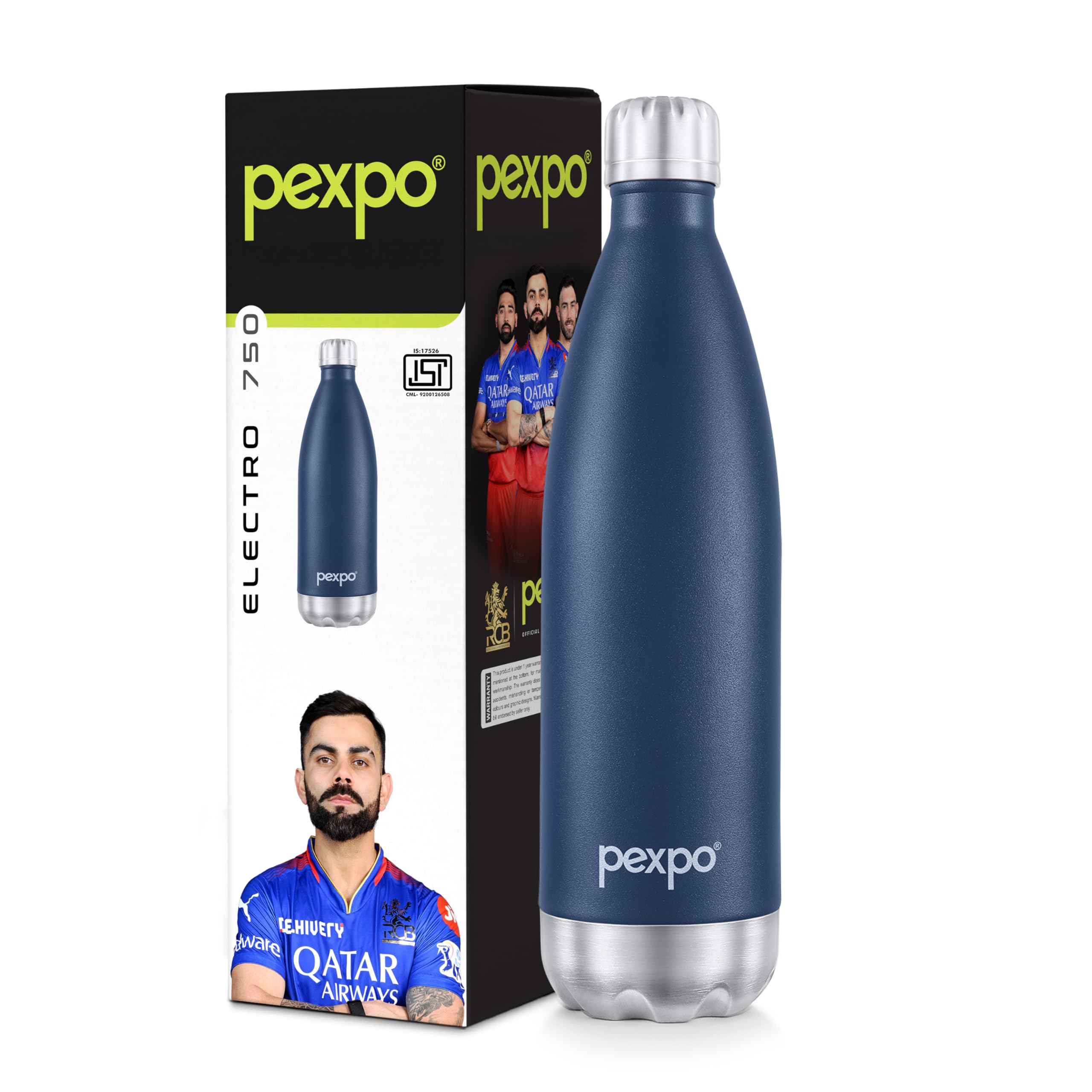 PEXPO Electro Hot & Cold ISI Certified Flask | Stainless Steel Water Bottle - 750ml Denim Blue | 2 Years Warranty | Office Bottle | Workout | Travelling | Home | RCB Edition