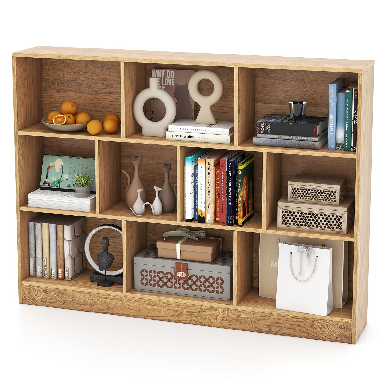 GYMAX Libreria a 10 Cubi Aperti, Scaffale Autoportante da Pavimento, Kit Anti-Ribaltamento, Organizzatore di Archiviazione 3 Livelli per Soggiorno Camera da Letto Ufficio (Naturale, 140 x 24 x 104 cm)